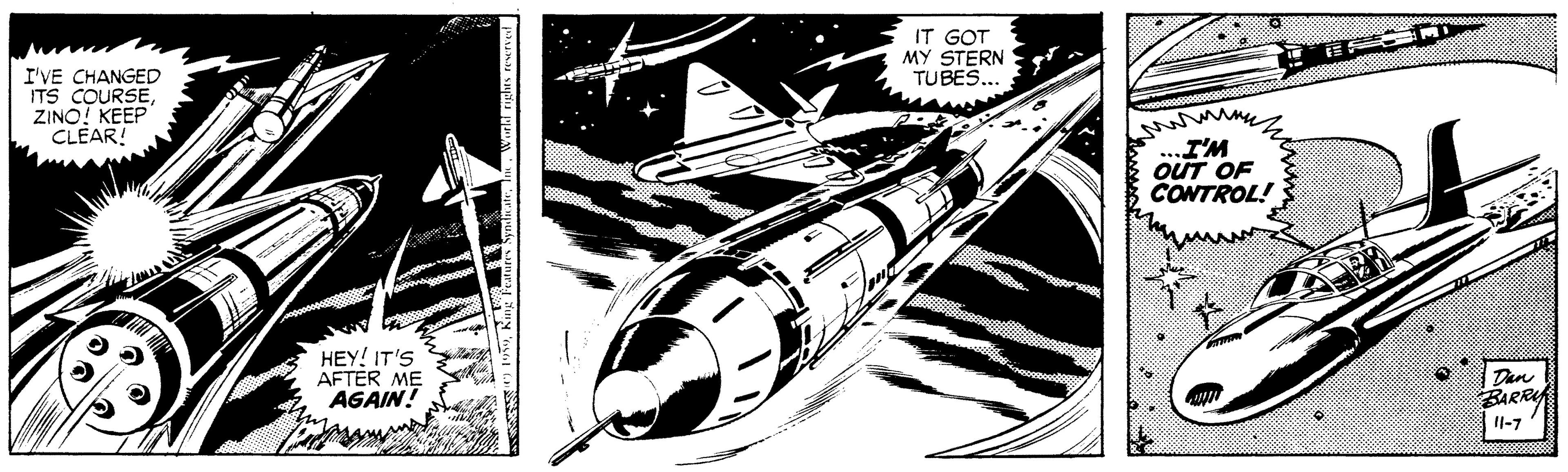 Illustration OCR: IT GOT MY STERN TUBES... I'VE CHANGED ITS COURSEZINO! KEEP CLEAR! I'M OUT OF CONTROL! HEY! IT'S AFTER ME AGAIN! Dan BARRY Il-7 IT GOT MY STERN TUBES... I'VE CHANGED ITS COURSEZINO! KEEP CLEAR! I'M OUT OF CONTROL! HEY! IT'S AFTER ME AGAIN! Dan BARRY Il-7