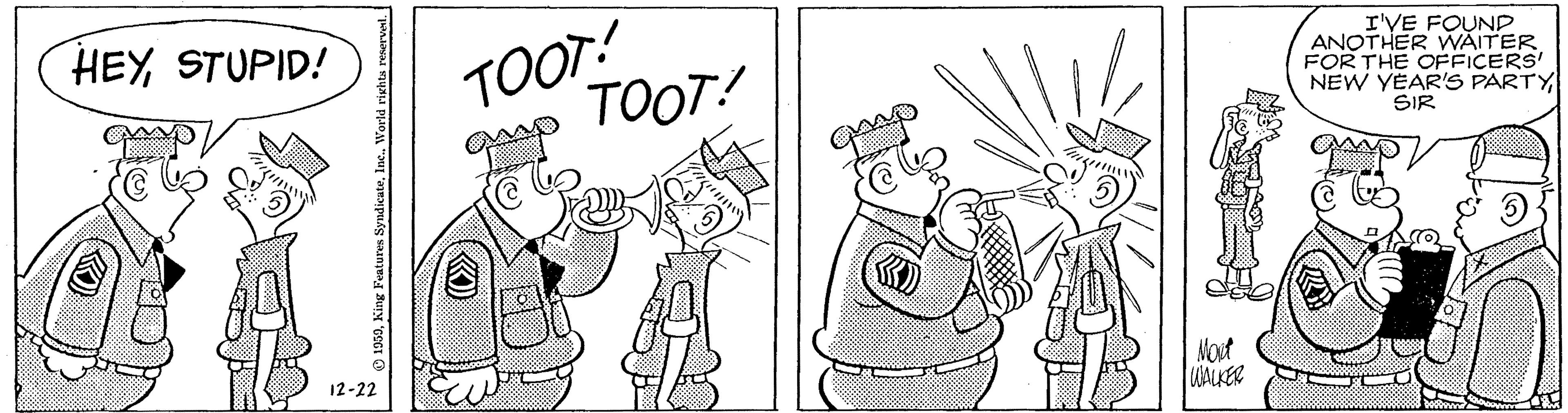 Costume hat OCR: TOOT! TOOT! HEYSTUPID! I'VE FOUND ANOTHER WAITER FOR THE OFFICERS' NEW YEAR'S PARTYSIR Mout WALKER 12-22 TOOT! TOOT! HEYSTUPID! I'VE FOUND ANOTHER WAITER FOR THE OFFICERS' NEW YEAR'S PARTYSIR Mout WALKER 12-22