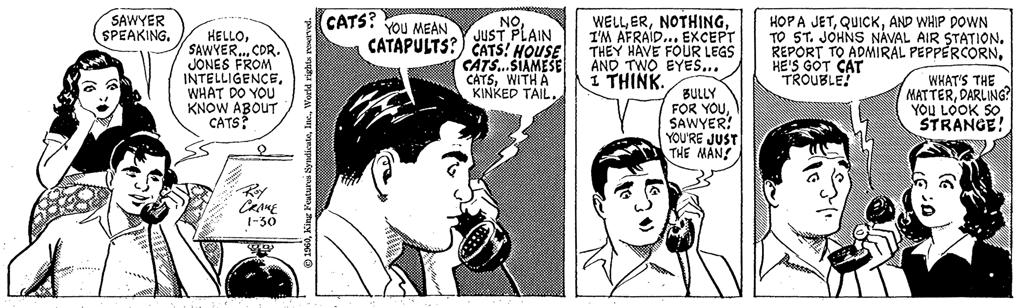 Comic book OCR: SAWYER SPEAKING. HELLOSAWYER... CDR. JONES FROM INTELLIGENCEWHAT DO YOU KNOW ABOUT CATS? Roy CRAME 1-30 CO 1960World rights reserved. CATS? YOU MEAN CATAPULTS? NOJUST PLAIN CATS! HOUSE CATS...SIAMESE CATSWITH A KINKED TAIL. WELLI'M AFRAID... EXCEPT THEY HAVE FOUR LEGS AND TWO EYES... I THINK. BULLY FOR YOUSAWYER! YOU'RE JUST THE MAN HOP A JETAND WHIP DOWN TO ST. JOHNS NAVAL AIR STATION. REPORT TO ADMIRAL PEPPERCORNHE'S GOT CAT TROUBLE! WHAT'S THE MATTERDARLING? YOU LOOK SO STRANGE! SAWYER SPEAKING . HELLOSAWYER ... CDR . JONES FROM INTELLIGENCEWHAT DO YOU KNOW ABOUT CATS ? Roy CRAME 1-30 CO 1960King Features SyndicateWorld rights reserved . CATS ? YOU MEAN CATAPULTS ? NOJUST PLAIN CATS ! HOUSE CATS ... SIAMESE CATSWITH A KINKED TAIL . WELLI'M AFRAID ... EXCEPT THEY HAVE FOUR LEGS AND TWO EYES ... I THINK . BULLY FOR YOUSAWYER ! YOU'RE JUST THE MAN HOP A JETAND WHIP DOWN TO ST . JOHNS NAVAL AIR STATION . REPORT TO ADMIRAL PEPPERCORNHE'S GOT CAT TROUBLE ! WHAT'S THE MATTERDARLING ? YOU LOOK SO STRANGE !