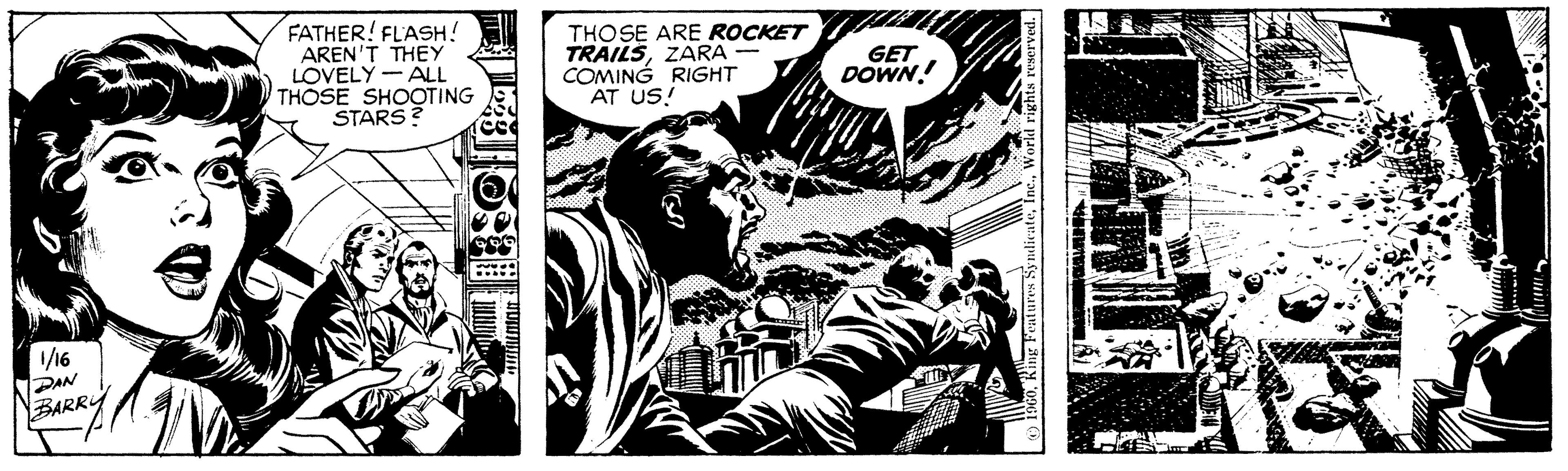 Illustration OCR: FATHER! FLASH! AREN'T THEY LOVELY - ALL THOSE SHOOTING STARS ? THOSE ARE ROCKET TRAILSZARA COMING RIGHT AT US! GET DOWN /16 PAN BARRY FATHER! FLASH! AREN'T THEY LOVELY - ALL THOSE SHOOTING STARS ? THOSE ARE ROCKET TRAILSZARA COMING RIGHT AT US! GET DOWN /16 PAN BARRY