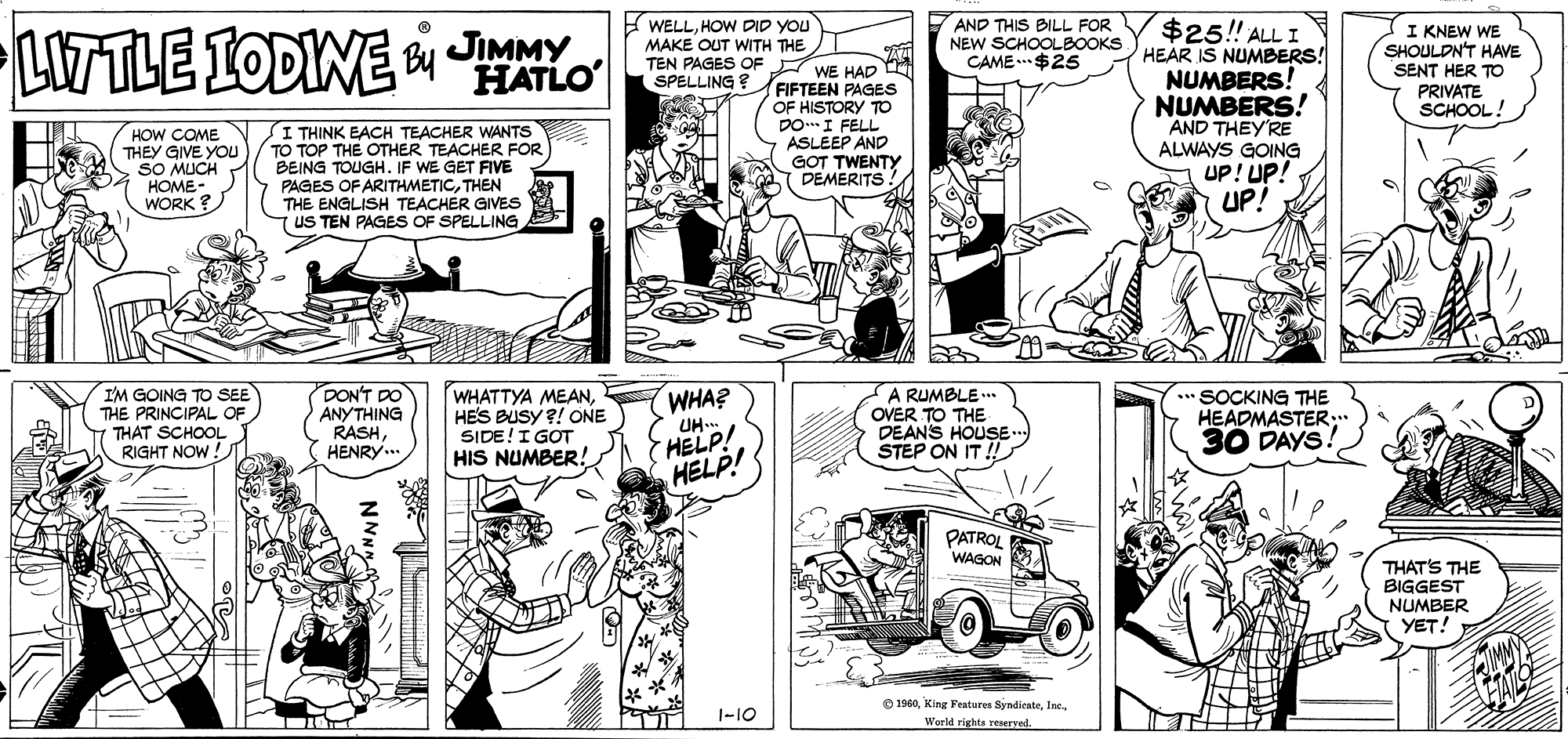 Comic book OCR: AND THIS BILL FOR NEW SCHOOLBOOKS CAME..$25 $25!! ALL I HEAR IS NUMBERS! NUMBERS! NUMBERS! AND THEY'RE ALWAYS GOING UP! UP! UP! LITTLE IODINE JIMMY HATLO WELLHOW DID YOU MAKE OUT WITH THE TEN PAGES OF SPELLING ? I KNEW WE SHOULDN'T HAVE SENT HER TO WE HAD T FIFTEEN PAGESs PRIVATE SCHOOL! HOW COME THEY GIVE YOu SO MUCH HOME- WORK I THINK EACH TEACHER WANTS TO TOP THE OTHER TEACHER FOR BEING TOUGH. IF WE GET FIVE PAGES OF ARITHMETICTHEN THE ENGLISH TEACHER GIVES US TEN PAGES OF SPELLING OF HISTORY TO DoI FELL ASLEEP AND GOT TWENTY DEMERITS IM GOING TO SEE THE PRINCIPAL OF THAT SCHOOL RIGHT NOW! DON'T DO ANYTHING RASHHENRY.. WHATTYA MEANHES BUSY ?! ONE SIDE!I GOT HIS NUMBER! A RUMBLE .. OVER TO THE DEANS HOUSE.. STEP ON IT ! SOCKING THE HEADMASTER:" 30 DAYS! WHA? HELP! HELP! UH- PATROL WAGON THAT'S THE BIGGEST NUMBER YET! O 1960Ine 1-10 World righte reseryed. AND THIS BILL FOR NEW SCHOOLBOOKS CAME..$25 $25!! ALL I HEAR IS NUMBERS! NUMBERS! NUMBERS! AND THEY'RE ALWAYS GOING UP! UP! UP! LITTLE IODINE JIMMY HATLO WELLHOW DID YOU MAKE OUT WITH THE TEN PAGES OF SPELLING ? I KNEW WE SHOULDN'T HAVE SENT HER TO WE HAD T FIFTEEN PAGESs PRIVATE SCHOOL! HOW COME THEY GIVE YOu SO MUCH HOME- WORK I THINK EACH TEACHER WANTS TO TOP THE OTHER TEACHER FOR BEING TOUGH. IF WE GET FIVE PAGES OF ARITHMETICTHEN THE ENGLISH TEACHER GIVES US TEN PAGES OF SPELLING OF HISTORY TO DoI FELL ASLEEP AND GOT TWENTY DEMERITS IM GOING TO SEE THE PRINCIPAL OF THAT SCHOOL RIGHT NOW! DON'T DO ANYTHING RASHHENRY.. WHATTYA MEANHES BUSY ?! ONE SIDE!I GOT HIS NUMBER! A RUMBLE .. OVER TO THE DEANS HOUSE.. STEP ON IT ! SOCKING THE HEADMASTER:" 30 DAYS! WHA? HELP! HELP! UH- PATROL WAGON THAT'S THE BIGGEST NUMBER YET! O 1960King Peatures SyndicateIne 1-10 World righte reseryed.