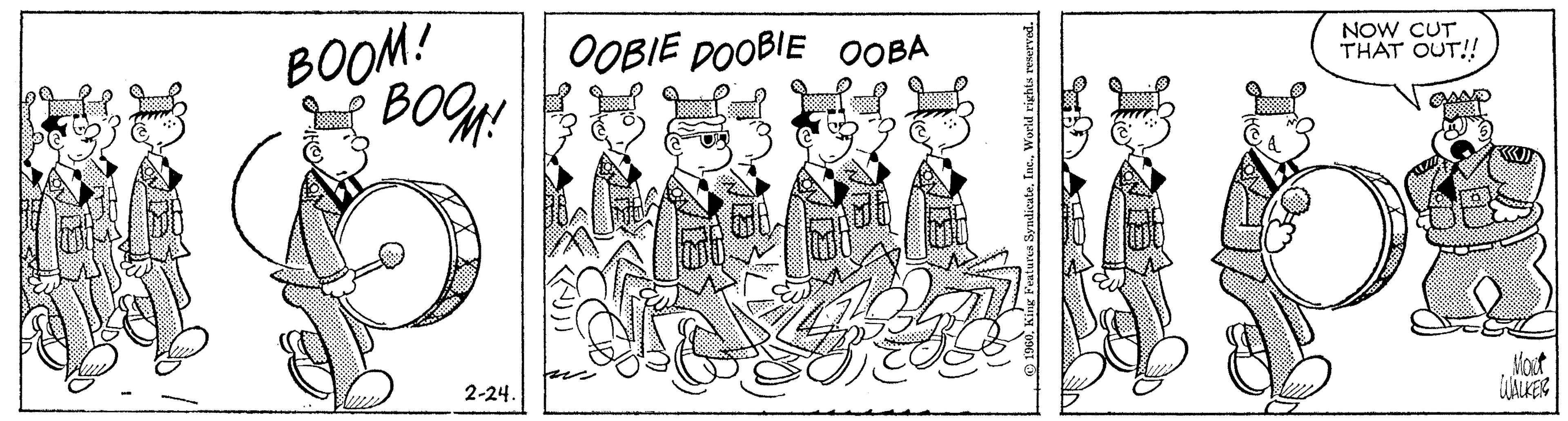 Handwriting OCR: BOOM! BOGN! OOBIE DOOBIE OOBA NOW CUT THAT OUT! staut WAKER 2-24 BOOM! BOGN! OOBIE DOOBIE OOBA NOW CUT THAT OUT! staut WAKER 2-24