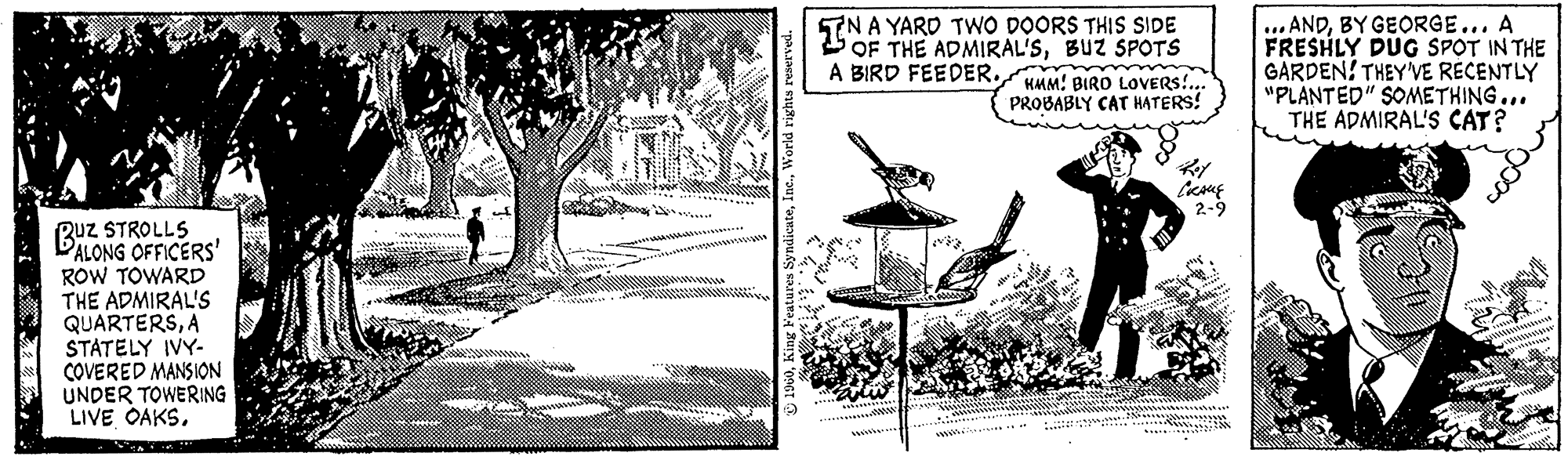 Drawing OCR: Buz UZ STROLLS ALONG OFFICERS' ROW TOWARD THE ADMIRAL'S QUARTERSA STATELY IVY- COVERED MANSION UNDER TOWERING LIVE OAKSWorld rights reserved. ? IN A YARD TWO DOORS THIS SIDE OF THE ADMIRAL'SBUZ SPOTS A BIRD FEEDER. HMM! BIRD LOVERS!.. PROBABLY CAT HATERS! COIMBRA ..... E Roy ????? 2-9 ANDBY GEORGE... A FRESHLY DUG SPOT IN THE GARDEN! THEY'VE RECENTLY "PLANTED" SOMETHING... THE ADMIRAL'S CAT? IWHITE joss lo un Buz UZ STROLLS ALONG OFFICERS ' ROW TOWARD THE ADMIRAL'S QUARTERSA STATELY IVY COVERED MANSION UNDER TOWERING LIVE OAKSKing Features SyndicateWorld rights reserved . ? IN A YARD TWO DOORS THIS SIDE OF THE ADMIRAL'SBUZ SPOTS A BIRD FEEDER . HMM ! BIRD LOVERS ! .. PROBABLY CAT HATERS ! COIMBRA ..... E Roy ????? 2-9 ANDBY GEORGE ... A FRESHLY DUG SPOT IN THE GARDEN ! THEY'VE RECENTLY " PLANTED " SOMETHING ... THE ADMIRAL'S CAT ? IWHITE joss lo un