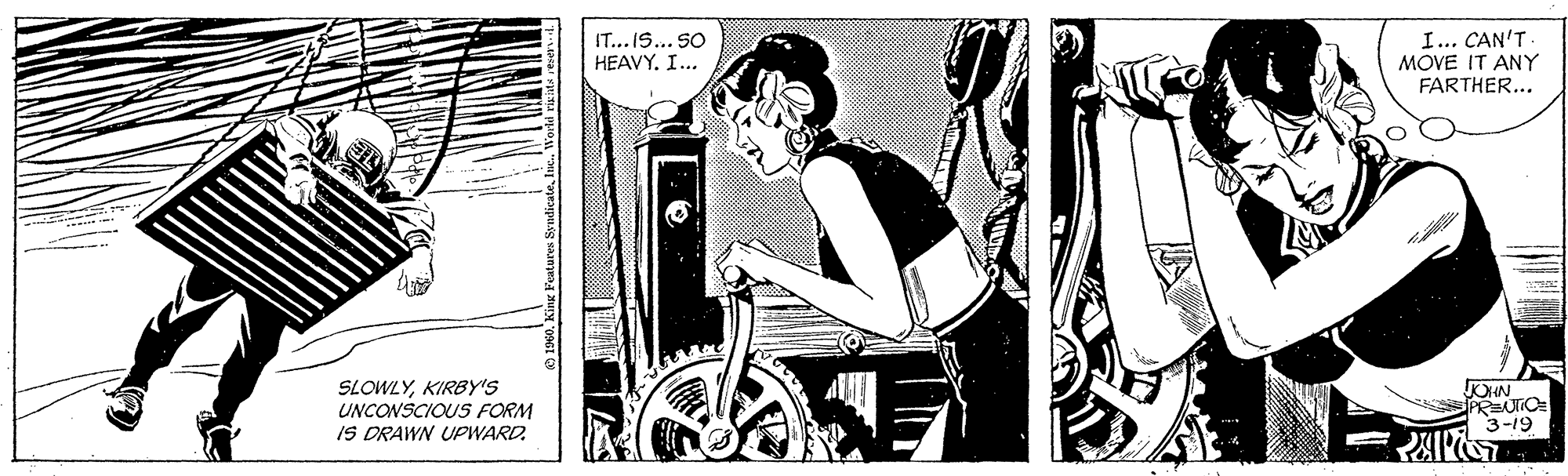 Fictional character OCR: IT... IS... SO HEAVY. I... I... CAN'T MOVE IT ANY FARTHER... SLOWLYKIRBY'S UNCONSCIOUS FORM IS DRAWN UPWARD. JOKN PREUTIO 3-19 IT... IS... SO HEAVY. I... I... CAN'T MOVE IT ANY FARTHER... SLOWLYKIRBY'S UNCONSCIOUS FORM IS DRAWN UPWARD. JOKN PREUTIO 3-19