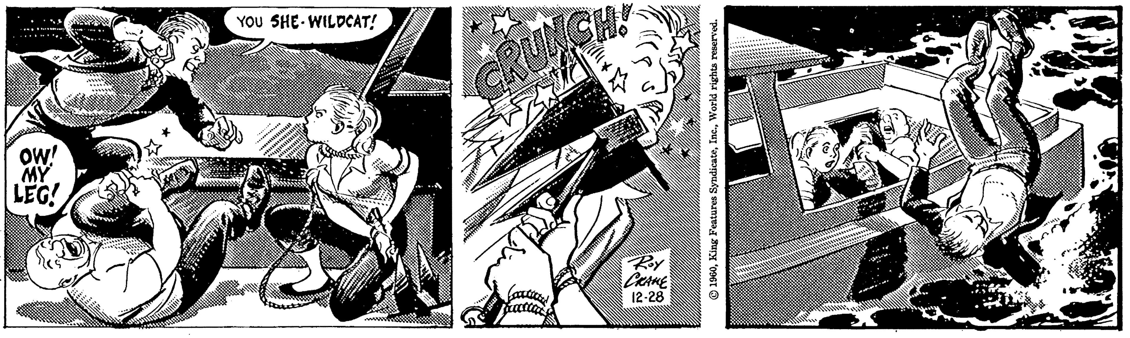 Fiction OCR: OW! MY LEG! YOU SHE WILDCAT! Roy CRANE 12-28 1960World rights reserved. An OW ! MY LEG ! YOU SHE WILDCAT ! Roy CRANE 12-28 1960King Features SyndicateWorld rights reserved . An