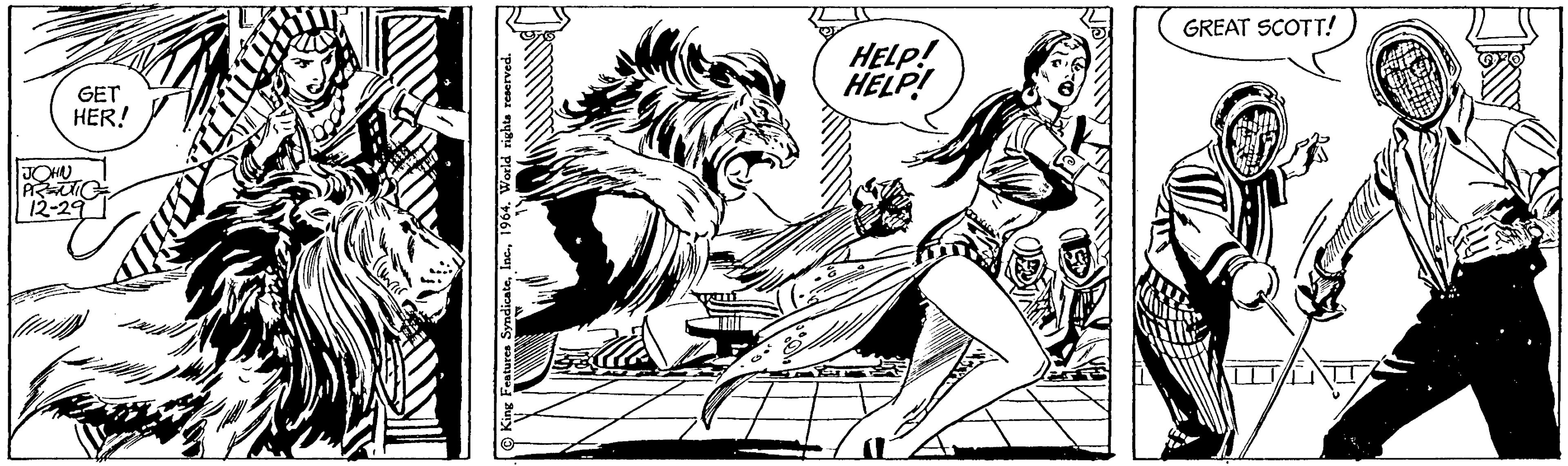Fictional character OCR: GET HER! JOHN PRENTIC 12-29 King Features Syndicate1964. World rights reserved. Fa HELP! HELP! GREAT SCOTT! INVO GET HER ! JOHN PRENTIC 12-29 King Features Syndicate1964. World rights reserved . Fa HELP ! HELP ! GREAT SCOTT ! INVO