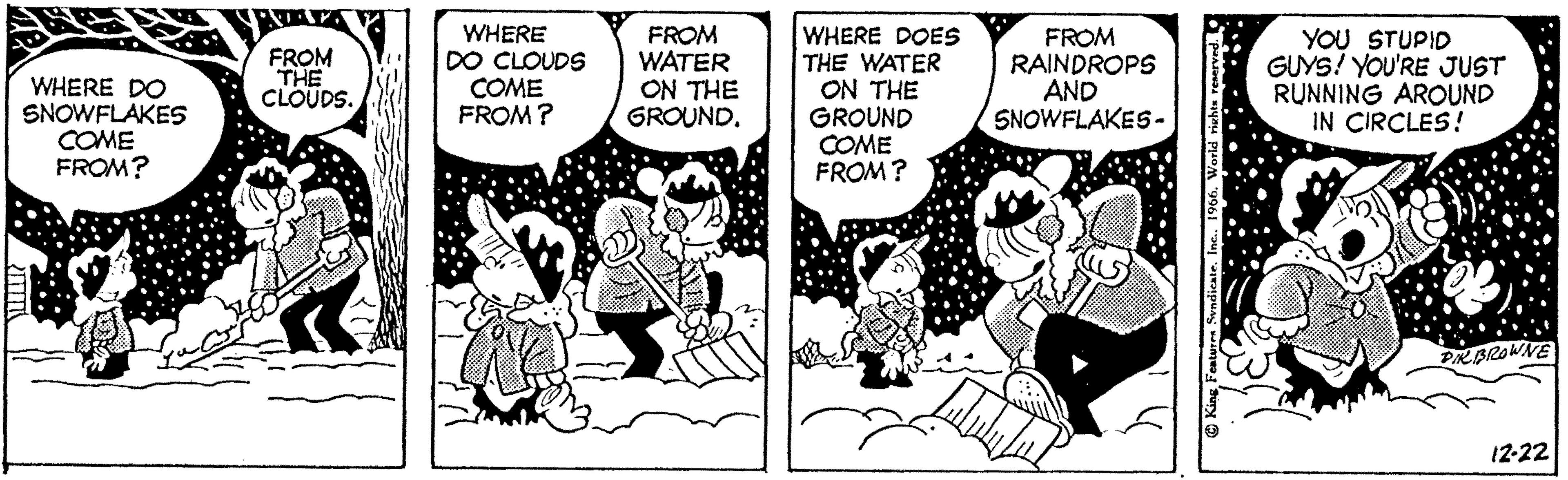 Fiction OCR: WHERE DO SNOWFLAKES COME FROM? FROM THE CLOUDS. WHERE DO CLOUDS COME FROM? FROM WATER ON THE GROUND. WHERE DOES THE WATER ON THE GROUND COME FROM? FROM RAINDROPS AND SNOWFLAKES- King Features SyndicateInc.. 1966. World rights reserved. YOU STUPID GUYS! YOU'RE JUST RUNNING AROUND IN CIRCLES! DIRBROWNE 12-22 WHERE DO SNOWFLAKES COME FROM ? FROM THE CLOUDS . WHERE DO CLOUDS COME FROM ? FROM WATER ON THE GROUND . WHERE DOES THE WATER ON THE GROUND COME FROM ? FROM RAINDROPS AND SNOWFLAKES King Features SyndicateInc .. 1966. World rights reserved . YOU STUPID GUYS ! YOU'RE JUST RUNNING AROUND IN CIRCLES ! DIRBROWNE 12-22