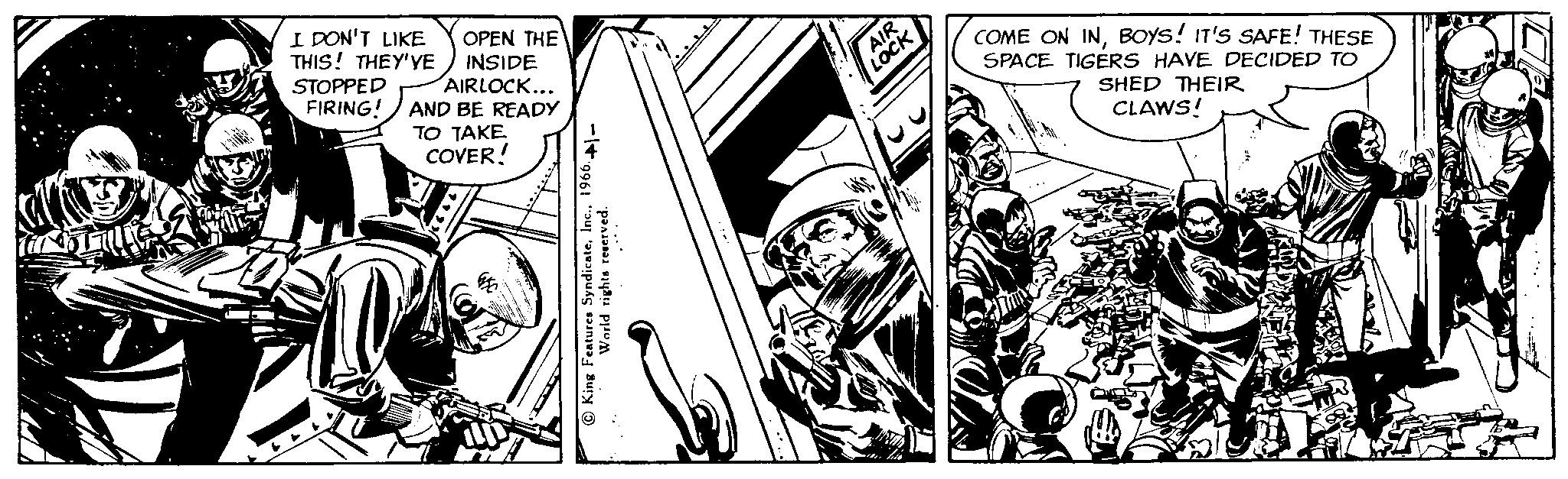Line art OCR: I DON'T LIKE THIS! THEY'YE STOPPED FIRING! OPEN THE INSIDE AIRLOCK... AND BE READY TO TAKE COVER! AIR OCK COME ON INBOYS! IT'S SAFE! THESE SPACE TIGERS HAVE DECIDED TO SHED THEIR CLAWS! I DON'T LIKE THIS! THEY'YE STOPPED FIRING! OPEN THE INSIDE AIRLOCK... AND BE READY TO TAKE COVER! AIR OCK COME ON INBOYS! IT'S SAFE! THESE SPACE TIGERS HAVE DECIDED TO SHED THEIR CLAWS!