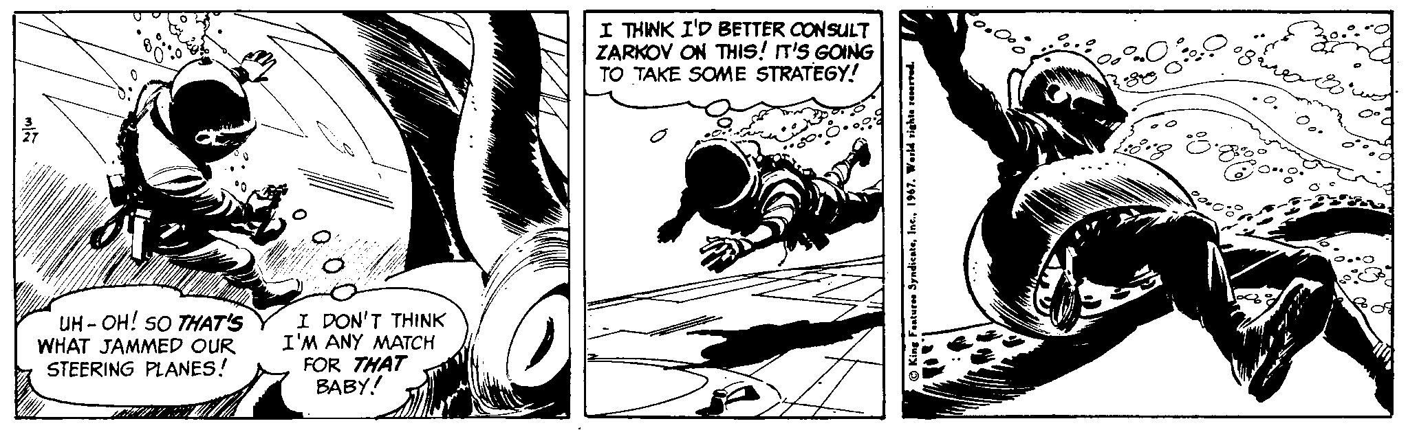 Comics OCR: I THINK I'D BETTER CONSULT ZARKOV ON THIS! IT'S GOING TO TAKE SOME STRATEGY! ??- ??! so TH??S WHAT JAMMED OUR STEERING PLANES! I DON'T THINK I'M ANY MATCH FOR THAT BABY! I THINK I'D BETTER CONSULT ZARKOV ON THIS! IT'S GOING TO TAKE SOME STRATEGY! ??- ??! so TH??S WHAT JAMMED OUR STEERING PLANES! I DON'T THINK I'M ANY MATCH FOR THAT BABY!