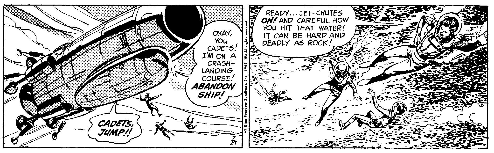 Line art OCR: READY... JET - CHUTES ON! AND CAREFUL HOW YOU HIT THAT WATER! IT CAN BE HARD AND DEADLY AS ROCK! OKAYYOU CADETS! I'M ON A CRASH- LANDING COURSE. ( ABANDON SHIP! CADETSJUMP!! READY... JET - CHUTES ON! AND CAREFUL HOW YOU HIT THAT WATER! IT CAN BE HARD AND DEADLY AS ROCK! OKAYYOU CADETS! I'M ON A CRASH- LANDING COURSE. ( ABANDON SHIP! CADETS