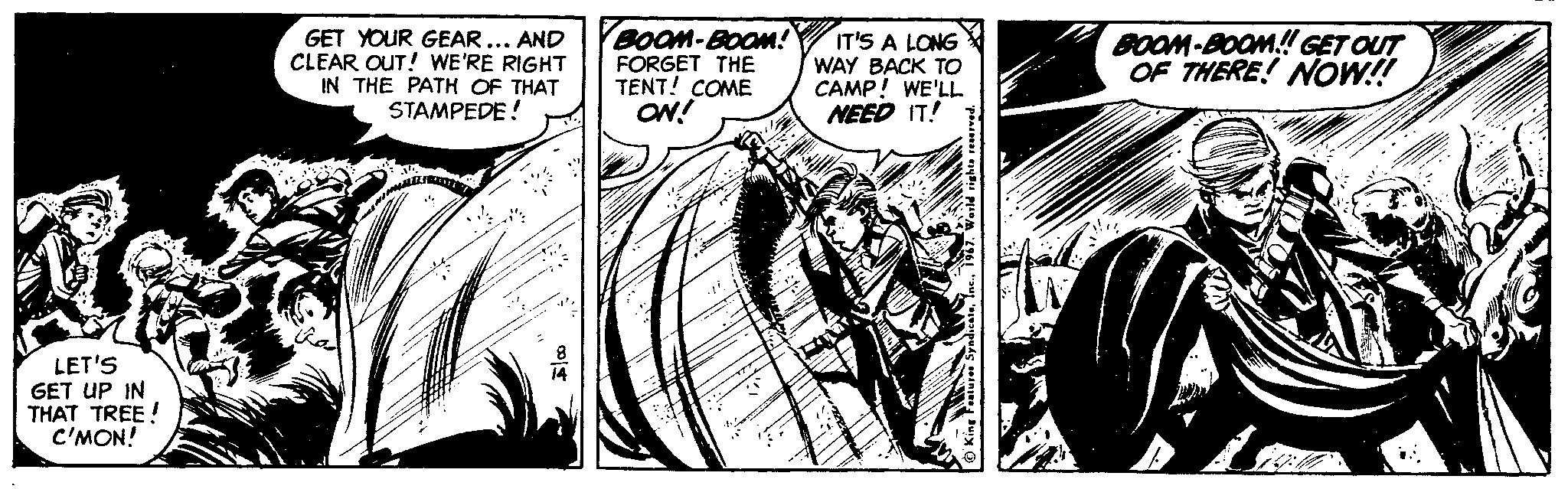 Drawing OCR: GET YOUR GEAR... AND CLEAR OUT! WE'RE RIGHT IN THE PATH OF THAT STAMPEDE! BOOM-BOOM! FORGET THE TENT! COME ON! IT'S A LONG WAY BACK TO CAMP! WE'LL NEED IT! BOOM-BOOM! GET OUT OF THERE! NOW! LET'S GET UP IN THAT TREE ! C'MON! GET YOUR GEAR... AND CLEAR OUT! WE'RE RIGHT IN THE PATH OF THAT STAMPEDE! BOOM-BOOM! FORGET THE TENT! COME ON! IT'S A LONG WAY BACK TO CAMP! WE'LL NEED IT! BOOM-BOOM! GET OUT OF THERE! NOW! LET'S GET UP IN THAT TREE ! C'MON!