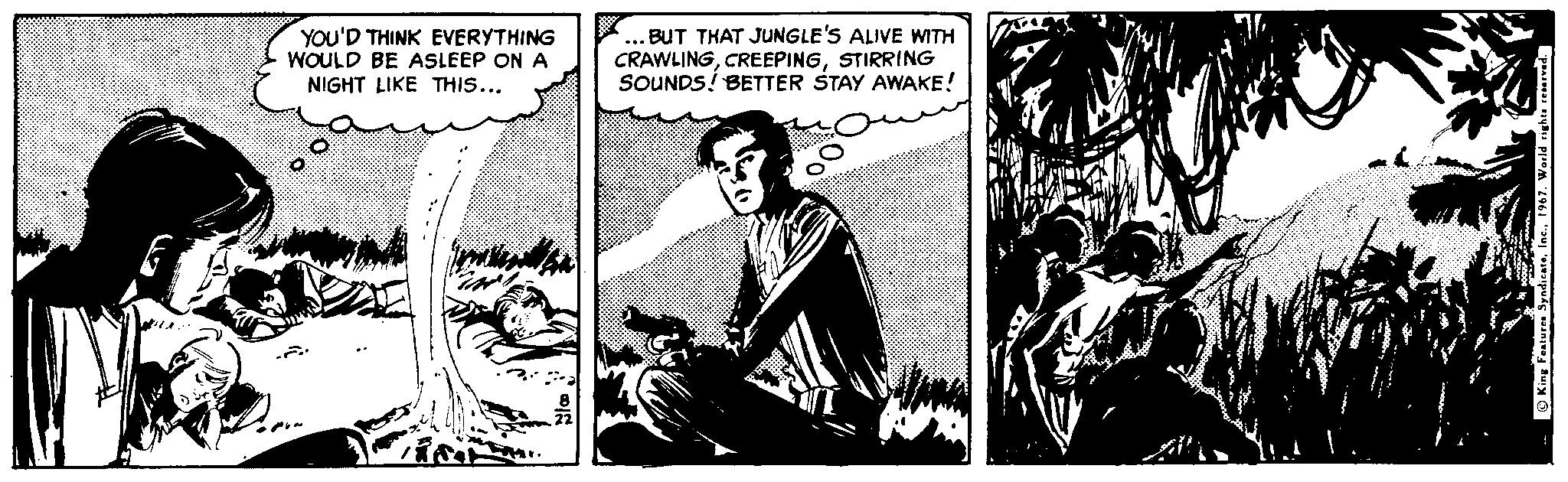 Fictional character OCR: YOU'D THINK EVERYTHING WOULD BE ASLEEP ON A NIGHT LIKE THIS... ... BUT THAT JUNGLE'S ALIVE WITH CRAWLINGSTIRRING SOUNDS! BETTER STAY AWAKE! O King Features Syndice YOU'D THINK EVERYTHING WOULD BE ASLEEP ON A NIGHT LIKE THIS... ... BUT THAT JUNGLE'S ALIVE WITH CRAWLINGSTIRRING SOUNDS! BETTER STAY AWAKE! O King Features Syndice