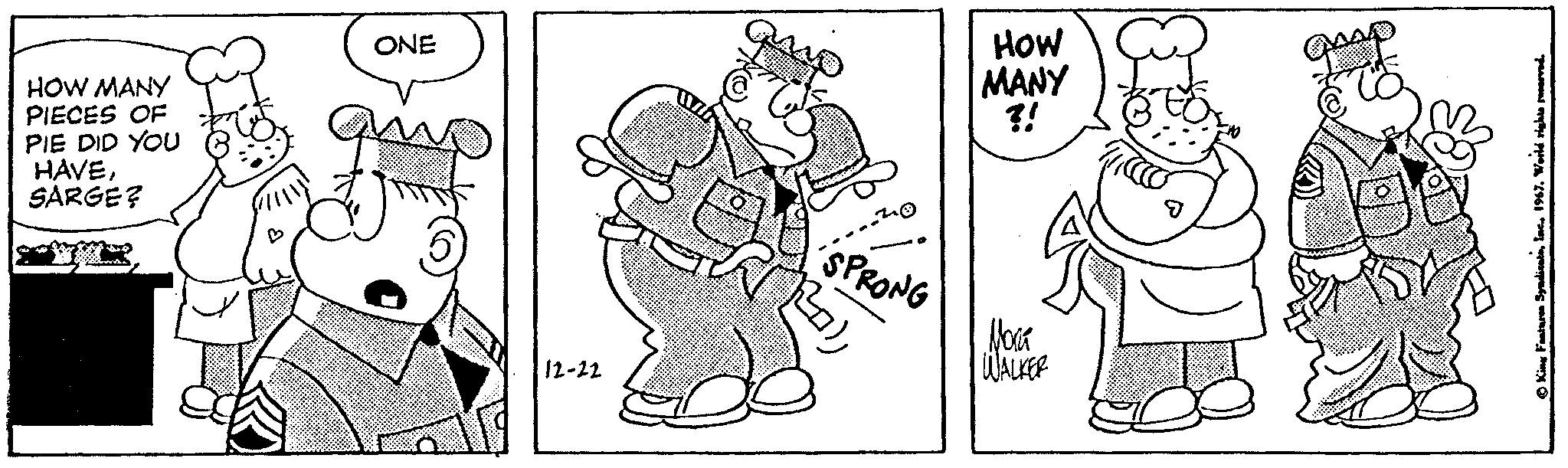 Line art OCR: HOW MANY PIECES OF PIE DID YOU HAVESARGE? ONE qu 12-22 ALISPRONG HOW MANY ?! Nora WALKER DES grap King Fantares Syndicate1967. World rights reserved. HOW MANY PIECES OF PIE DID YOU HAVESARGE ? ONE qu 12-22 ALISPRONG HOW MANY ? ! Nora WALKER DES grap King Fantares Syndicate1967. World rights reserved .