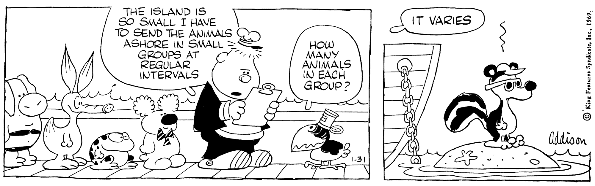 Gesture OCR: THE ISLAND IS SO SMALL I HAVE TO SEND THE ANIMALS ASHORE IN SMALL > GROUPS AT REGULAR INTERVALS IT VARIES HOW MANY ANIMALS IN EACH GROUP? Addison © King Featuren Syndicate1969. THE ISLAND IS SO SMALL I HAVE TO SEND THE ANIMALS ASHORE IN SMALL > GROUPS AT REGULAR INTERVALS IT VARIES HOW MANY ANIMALS IN EACH GROUP? Addison © King Featuren Syndicate