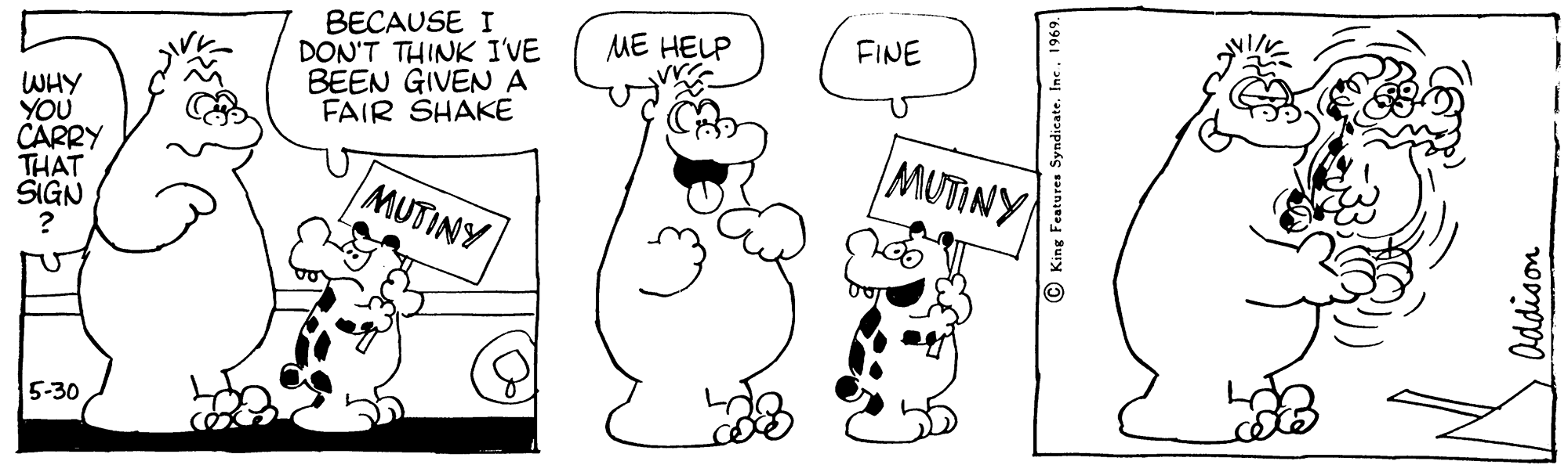 Organism OCR: BECAUSE I DON'T THINK I'VE BEEN GIVENA FAIR SHAKE ME HELP FINE WHY YOU CARRY THAT SIGN ? MUTINY MUTINY 5-30 King Features Syndicate. Ine. 1969. Oddison BECAUSE I DON'T THINK I'VE BEEN GIVENA FAIR SHAKE ME HELP FINE WHY YOU CARRY THAT SIGN ? MUTINY MUTINY 5-30 King Features Syndicate. Ine. 1969. Oddison