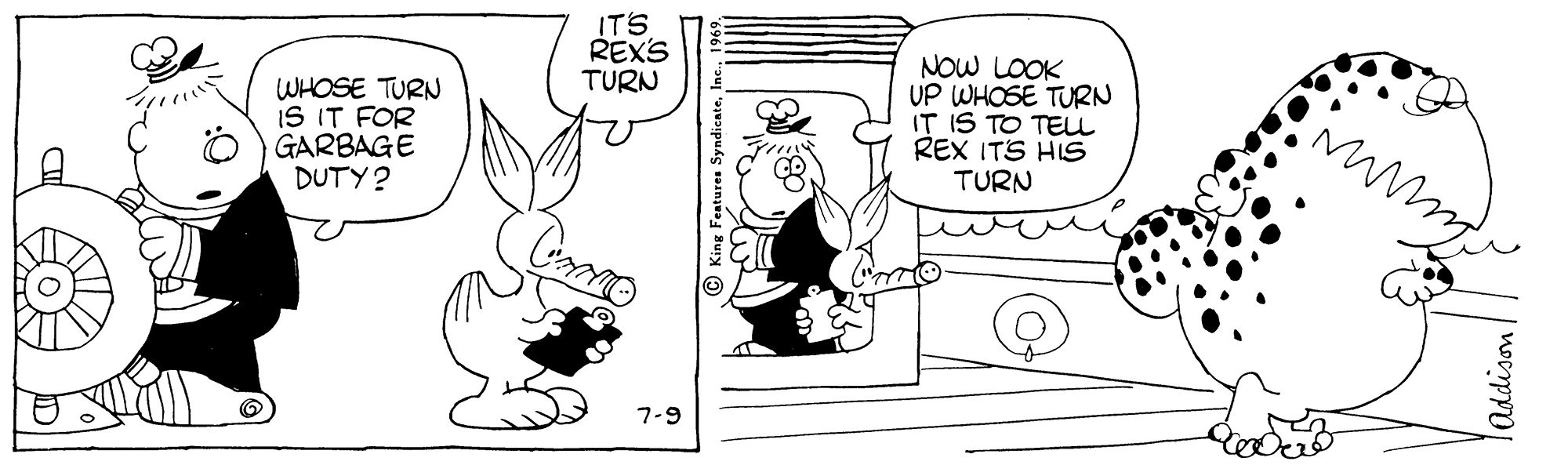 Font OCR: ITS REXS TURN WHOSE TURN IS IT FOR GARBAGE DUTY? NOW LOOK UP WHOSE TURN IT IS TO TELL REX ITS HIS TURN 3. 7-9 © King Features Syndicate196 ITS REXS TURN WHOSE TURN IS IT FOR GARBAGE DUTY? NOW LOOK UP WHOSE TURN IT IS TO TELL REX ITS HIS TURN 3. 7-9 © King Features Syndicate
