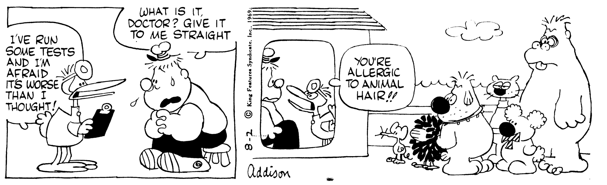 Rectangle OCR: WHAT IS ITDOCTOR ? GIVE IT TO ME STRAIGHT I'VE RUN SOME TESTS AND I'M AFRAID ITS WORSE THAN I THOUGHT! YOU'RE ALLERGIC TO ANIMAL HAIR! Addison 8-2 © King Features SyndicateWHAT IS ITDOCTOR ? GIVE IT TO ME STRAIGHT I'VE RUN SOME TESTS AND I'M AFRAID ITS WORSE THAN I THOUGHT! YOU'RE ALLERGIC TO ANIMAL HAIR! Addison 8-2 © King Features Syndicate