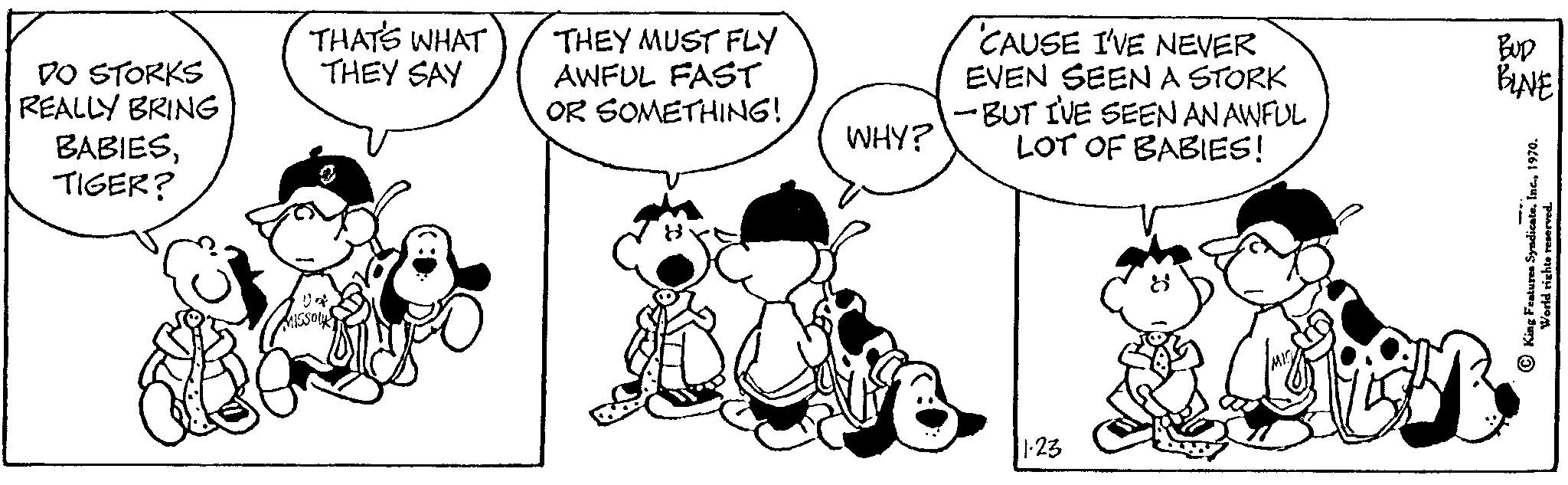Font OCR: DO STORKS REALLY BRING BABIESTIGER? THAT'S WHAT THEY SAY THEY MUST FLY AWFUL FAST OR SOMETHING! WHY? 'CAUSE I'VE NEVER EVEN SEEN A STORK BUT I'VE SEEN AN AWFUL LOT OF BABIES! 1.23 BINE En King Features Syndicate1970. World rights reserved. DO STORKS REALLY BRING BABIESTIGER ? THAT'S WHAT THEY SAY THEY MUST FLY AWFUL FAST OR SOMETHING ! WHY ? ' CAUSE I'VE NEVER EVEN SEEN A STORK BUT I'VE SEEN AN AWFUL LOT OF BABIES ! 1.23 BINE En King Features Syndicate1970 . World rights reserved .