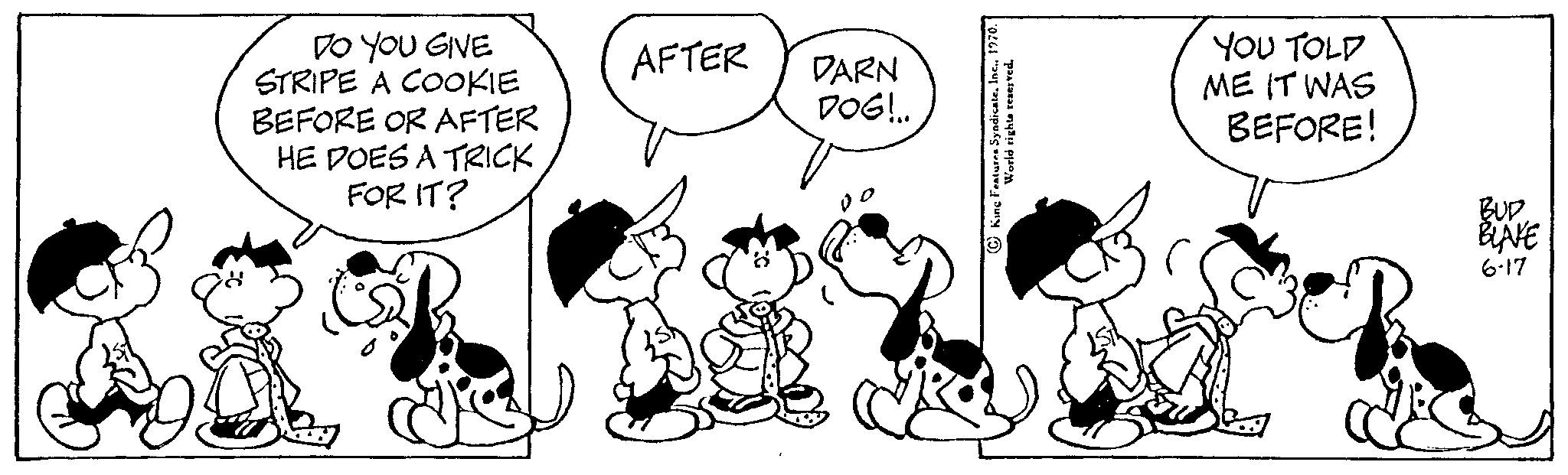 Organism OCR: DO YOU GIVE STRIPE A COOKIE BEFORE OR AFTER HE DOES A TRICK FOR IT? AFTER DARN DOG!.. YOU TOLD ME IT WAS BEFORE! BUD. BLAKE 6-17 DO YOU GIVE STRIPE A COOKIE BEFORE OR AFTER HE DOES A TRICK FOR IT ? AFTER DARN DOG ! .. YOU TOLD ME IT WAS BEFORE ! BUD . BLAKE 6-17