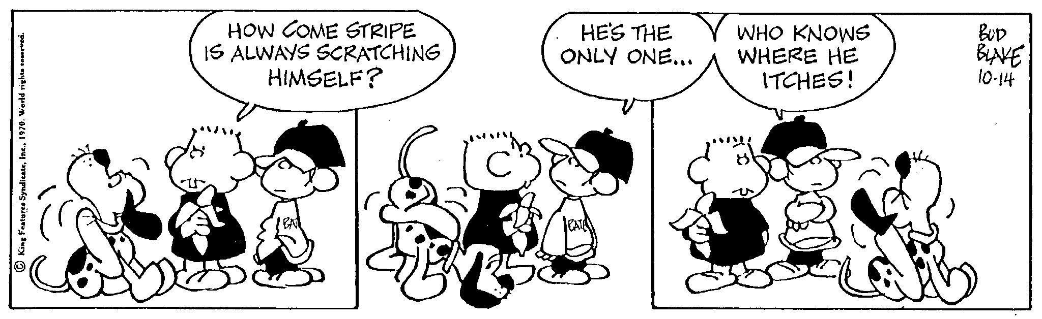 Font OCR: King Features Syndicate HOW COME STRIPE IS ALWAYS SCRATCHING HIMSELF? HE'S THE ONLY ONE... WHO KNOWS WHERE HE ITCHES! BUD BLAKE 10-14 King Features Syndicate HOW COME STRIPE IS ALWAYS SCRATCHING HIMSELF ? HE'S THE ONLY ONE ... WHO KNOWS WHERE HE ITCHES ! BUD BLAKE 10-14