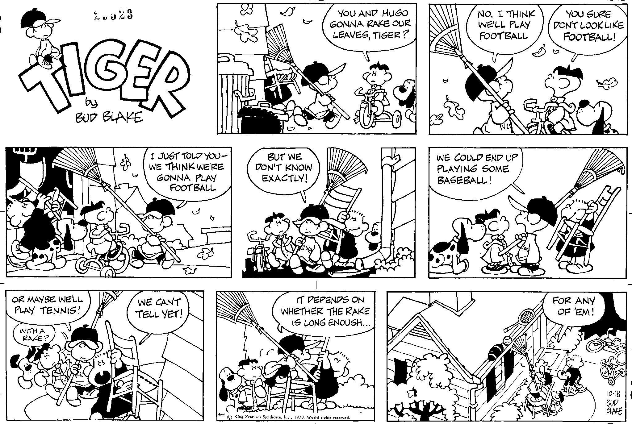 Font OCR: w OR MAYBE WE'LL PLAY TENNIS! WITH A RAKE? 20023 by BUD BLAKE I JUST TOLD YOU- WE THINK WE'RE GONNA PLAY FOOTBALL WE CAN'T TELL YET! 33 BUT WE DON'T KNOW EXACTLY! YOU AND HUGO GONNA RAKE OUR LEAVESTIGER? IT DEPENDS ON WHETHER THE RAKE IS LONG ENOUGH.. CARB King Features SyndicateInc. 1970. World rights reserved. NO. I THINK WE'LL PLAY FOOTBALL WE COULD END UP PLAYING SOME BASEBALL! YOU SURE DON'T LOOK LIKE FOOTBALL! FOR ANY OF 'EM! 10-18 BLAKE w OR MAYBE WE'LL PLAY TENNIS ! WITH A RAKE ? 20023 by BUD BLAKE I JUST TOLD YOU WE THINK WE'RE GONNA PLAY FOOTBALL WE CAN'T TELL YET ! 33 BUT WE DON'T KNOW EXACTLY ! YOU AND HUGO GONNA RAKE OUR LEAVESTIGER ? IT DEPENDS ON WHETHER THE RAKE IS LONG ENOUGH .. CARB King Features SyndicateInc. 1970. World rights reserved . NO . I THINK WE'LL PLAY FOOTBALL WE COULD END UP PLAYING SOME BASEBALL ! YOU SURE DON'T LOOK LIKE FOOTBALL ! FOR ANY OF ' EM ! 10-18 BLAKE