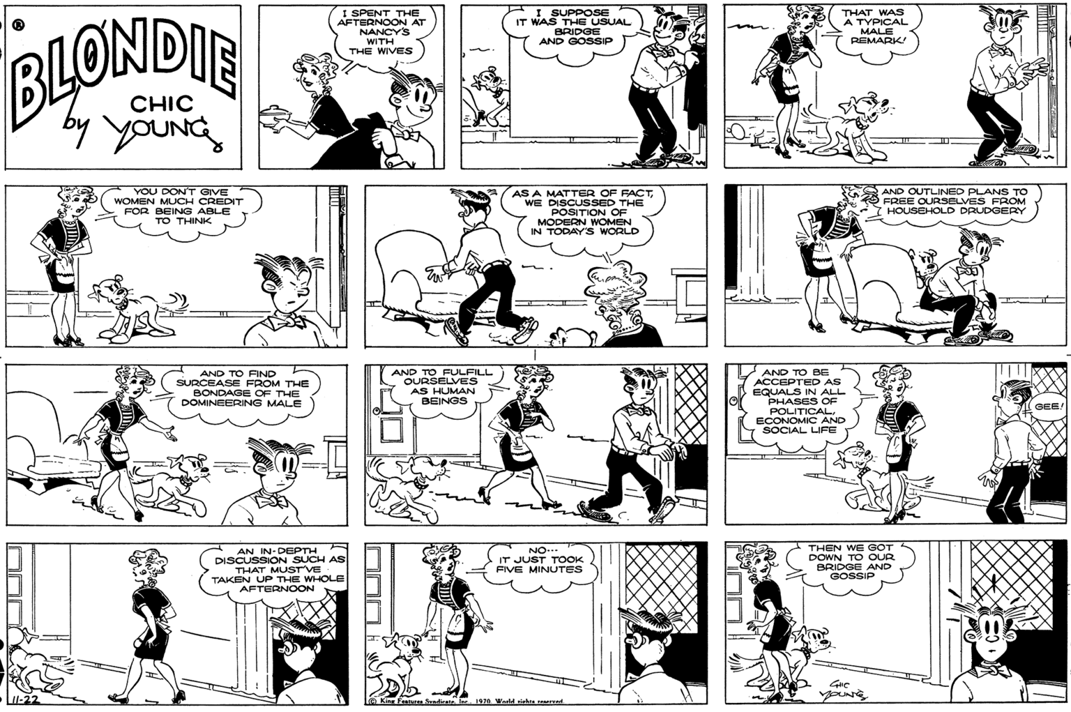Comics OCR: I SPENT THE AFTERNOON AT NANCY'S I SUPPOSE IT WAS THE USUAL BRIDGE AND GOSSIP THAT WAS TYPICAL MALE REMARK! BLONDIE WITH THE WIVES CHIC by YOUNG YOU DON'T GIVE WOMEN MUCH CREDIT FOR BEING ABLE TO THINK AS A MATTER OF FACTWE DISCUSSED THE POSITION OF MODERN WOMEN IN TODAY'S WORLD AND OUTLINED PLANS TO FREE OURSELVES FROM HOUSEHOLD DRUDGERY AND TO BE AND TO FIND SURCEASE FROM THE BONDAGE OF THE DOMINEERING MALE AND TO FULFILL OURSELVES AS HUMAN BEINGS ACCEPTED AS EQUALS IN ALL PHASES OF GEE! POLITICAL ECONOMIC AND SOCIAL LIFE AN IN-DEPTH DISCUSSION SUCH AS THAT MUST VE TAKEN UP THE WHOLE AFTERNOON NO... IT JUST TOOK FIVE MINUTES THEN WE GOT DOWN T O OUR BRIDGE AND GOSSIP LI-22 a Kies Festss Sndirate 1976 Warld sights seryad I SPENT THE AFTERNOON AT NANCY'S I SUPPOSE IT WAS THE USUAL BRIDGE AND GOSSIP THAT WAS TYPICAL MALE REMARK! BLONDIE WITH THE WIVES CHIC by YOUNG YOU DON'T GIVE WOMEN MUCH CREDIT FOR BEING ABLE TO THINK AS A MATTER OF FACTWE DISCUSSED THE POSITION OF MODERN WOMEN IN TODAY'S WORLD AND OUTLINED PLANS TO FREE OURSELVES FROM HOUSEHOLD DRUDGERY AND TO BE AND TO FIND SURCEASE FROM THE BONDAGE OF THE DOMINEERING MALE AND TO FULFILL OURSELVES AS HUMAN BEINGS ACCEPTED AS EQUALS IN ALL PHASES OF GEE! POLITICAL ECONOMIC AND SOCIAL LIFE AN IN-DEPTH DISCUSSION SUCH AS THAT MUST VE TAKEN UP THE WHOLE AFTERNOON NO... IT JUST TOOK FIVE MINUTES THEN WE GOT DOWN T O OUR BRIDGE AND GOSSIP LI-22 a Kies Festss Sndirate 1976 Warld sights seryad