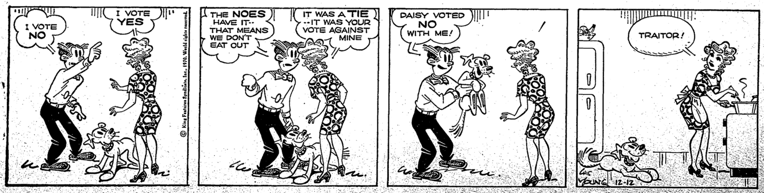 Drawing OCR: I I VOTE T YES THE NOES HAVE IT THAT MEANS WE DON'T EAT OUT IT WAS A TIE IT WAS YOUR VOTE AGAINST MINE DAISY VOTED NO WITH MEI VOTE NO TRAITOR! King Festure SratianIat. 1970. Werld righe re I I VOTE T YES THE NOES HAVE IT THAT MEANS WE DON'T EAT OUT IT WAS A TIE IT WAS YOUR VOTE AGAINST MINE DAISY VOTED NO WITH MEI VOTE NO TRAITOR! King Festure SratianIat. 1970. Werld righe re