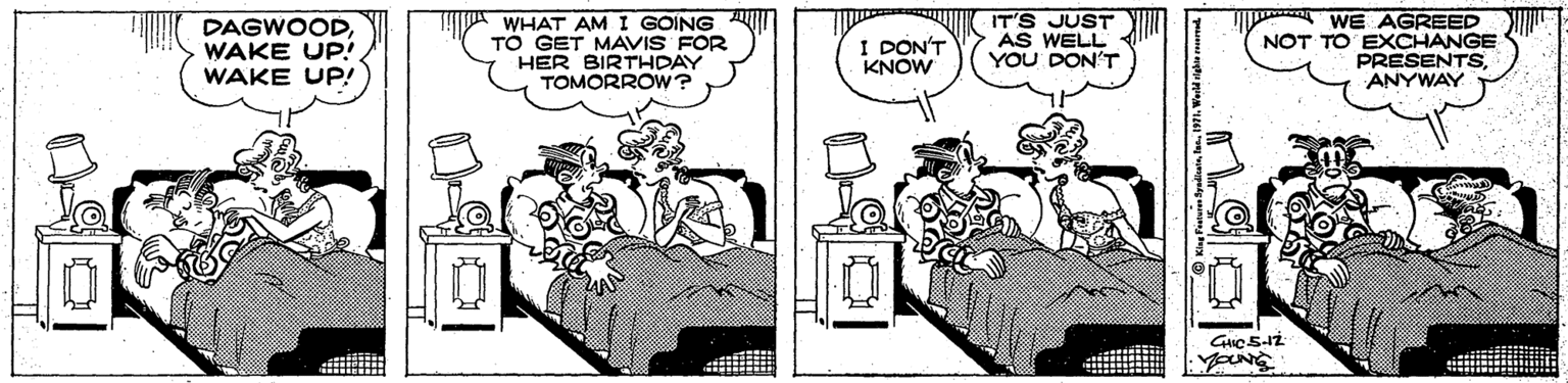 Black-and-white OCR: DAGWOODWAKE UP! WAKE UP! WHAT AM I GOING TÓ GET MAVIS FOR HER BIRTHDAY TOMORROW? I DON'T KNOW IT'S JUST AS WELL YOU DON'T WE AGREED NOT TO EXCHANGE PRESENTSANYWAY DAGWOODWAKE UP! WAKE UP! WHAT AM I GOING TÓ GET MAVIS FOR HER BIRTHDAY TOMORROW? I DON'T KNOW IT'S JUST AS WELL YOU DON'T WE AGREED NOT TO EXCHANGE PRESENTS