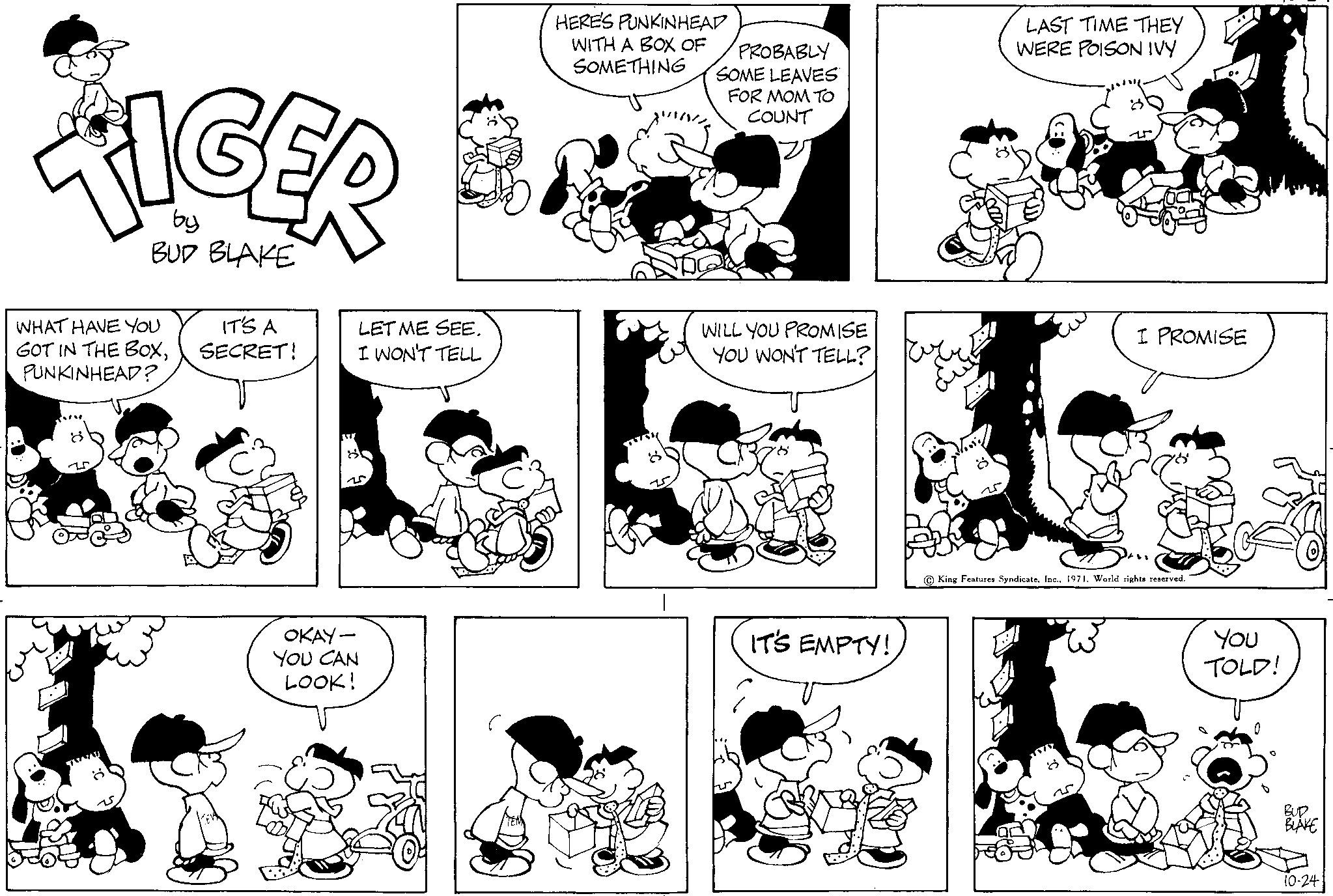 Cartoon OCR: TIGER BUD BLAKE WHAT HAVE YOU GOT IN THE BOXPUNKINHEAD? 8 I. 8 IT'S A SECRET! OKAY- YOU CAN LOOK! LET ME SEE. I WON'T TELL HERE'S PUNKINHEAD WITH A BOX OF SOMETHING 8 PROBABLY SOME LEAVES FOR MOM TO COUNT WILL YOU PROMISE YOU WON'T TELL? IT'S EMPTY! Foru loosi LAST TIME THEY WERE POISON IVY King Features Syndicate1971. World rights reserved. 8 v 0. I PROMISE You TOLD! 0 BUD BLAKE 10-24 TIGER BUD BLAKE WHAT HAVE YOU GOT IN THE BOXPUNKINHEAD ? 8 I. 8 IT'S A SECRET ! OKAY YOU CAN LOOK ! LET ME SEE . I WON'T TELL HERE'S PUNKINHEAD WITH A BOX OF SOMETHING 8 PROBABLY SOME LEAVES FOR MOM TO COUNT WILL YOU PROMISE YOU WON'T TELL ? IT'S EMPTY ! Foru loosi LAST TIME THEY WERE POISON IVY King Features Syndicate1971. World rights reserved . 8 v 0 . I PROMISE You TOLD ! 0 BUD BLAKE 10-24
