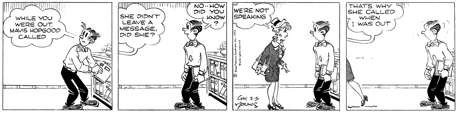 Cartoon OCR: NO. HOW THAT'S WHY SHE CALLED DID YOU WE'RE NOT SHE DIDN'T LEAVE A MESSAGEDID SHE? KNOW SPEAKING WHEN WHILE YOU WERE OUTMAVIS HOPGOOD I WAS OUT CALLED NO. HOW THAT'S WHY SHE CALLED DID YOU WE'RE NOT SHE DIDN'T LEAVE A MESSAGEDID SHE? KNOW SPEAKING WHEN WHILE YOU WERE OUTMAVIS HOPGOOD I WAS OUT CALLED