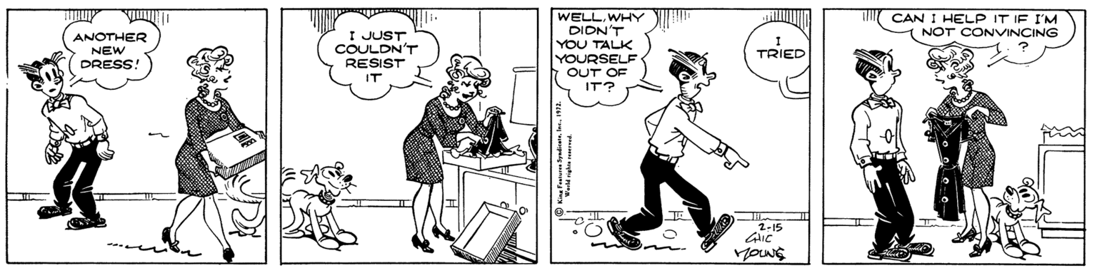 Illustration OCR: WELLWHY DIDN'T YOU TALK YOURSELE OUT OF ANOTHER NEW DRESS! I JUST COULDN'T RESIST CAN I HELP IT IF I'M NOT CONVINCING TRIED IT? 2-15 WELLWHY DIDN'T YOU TALK YOURSELE OUT OF ANOTHER NEW DRESS! I JUST COULDN'T RESIST CAN I HELP IT IF I'M NOT CONVINCING TRIED IT? 2-15