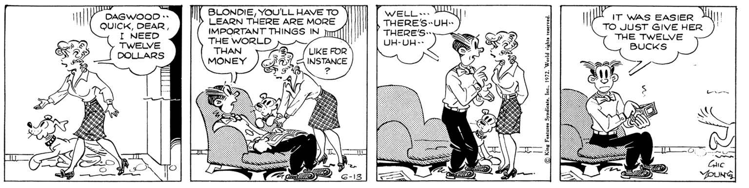 Conversation OCR: WELL... m THERE'S UH.. THERE'S DAGWOOD.. QUICKI NEED TWELVE DOLLARS BLONDIEYOU'LL HAVE TO LEARN THERE ARE MORE IMPORTANT THINGS IN m THE WORLD THAN MONEY IT WAS EASIER TO JUST GIVE HER THE TWELVE UH-UH- BUCKS LIKE FOR INSTANCE YOUNG catures Syndicate1972. World rights teserved. WELL... m THERE'S UH.. THERE'S DAGWOOD.. QUICKI NEED TWELVE DOLLARS BLONDIEYOU'LL HAVE TO LEARN THERE ARE MORE IMPORTANT THINGS IN m THE WORLD THAN MONEY IT WAS EASIER TO JUST GIVE HER THE TWELVE UH-UH- BUCKS LIKE FOR INSTANCE YOUNG catures Syndicate1972. World rights teserved.