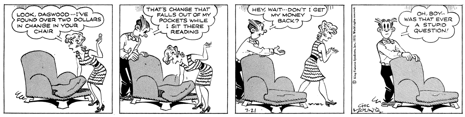 Line OCR: HEYWAIT..DON'T I GET LOOKDAGWOOD ..I'VE FOUND OVER TWO DOLLARS IN CHANGE IN YOUR CHAIR THAT'S CHANGE THAT FALLS OUT OF MY POCKETS WHILE I SIT THERE OHBOY.. WAS THAT EVER A STUPID QUESTION! MY MONEY ????? READING GHIC jOUNG 7-21 HEYWAIT..DON'T I GET LOOKDAGWOOD ..I'VE FOUND OVER TWO DOLLARS IN CHANGE IN YOUR CHAIR THAT'S CHANGE THAT FALLS OUT OF MY POCKETS WHILE I SIT THERE OHBOY.. WAS THAT EVER A STUPID QUESTION! MY MONEY ????? READING GHIC jOUNG 7-21
