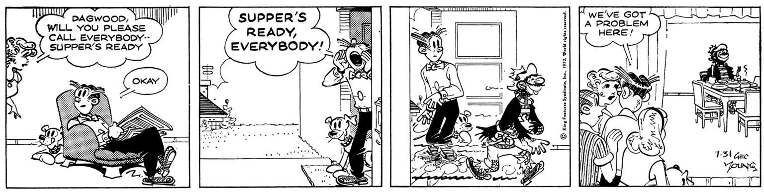 Humour OCR: DAGWOODWILL YOU PLEASE CALL EVERYBODY. SUPPER'S READY SUPPER'S READYEVERYBODY!. WE'VE GOT A PROBLEM HERE! OKAY 1-31 GIe YOUNS DAGWOODWILL YOU PLEASE CALL EVERYBODY. SUPPER'S READY SUPPER'S READYEVERYBODY!. WE'VE GOT A PROBLEM HERE! OKAY 1-31 GIe YOUNS