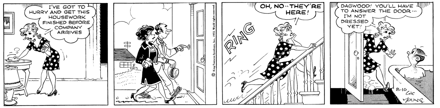 Fictional character OCR: I'VE GOT TO : HURRY AND GET THIS HOUSEWORK FINISHED BEFORE OHNO.. THEY'RE HERE! DAGWOOD! YOU'LL HAVE TO ANSWER THE DOOR. I'M NOT DRESSED YET! COMPANY ARRIVES RING '8-10 YOUNS I'VE GOT TO : HURRY AND GET THIS HOUSEWORK FINISHED BEFORE OHNO.. THEY'RE HERE! DAGWOOD! YOU'LL HAVE TO ANSWER THE DOOR. I'M NOT DRESSED YET! COMPANY ARRIVES RING '8-10 YOUNS