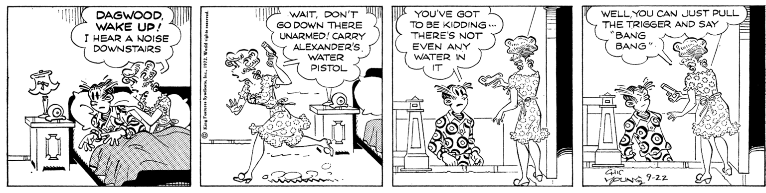 Black-and-white OCR: 'K DAGWOODWAKE UP! I HEAR A NOISE DOWNSTAIRS WAITDON'T GO DOWN THERE UNARMED! CARRY ALEXANDER'S WATER PISTOL YOU'VE GOT TO BE KIDDING. THERE'S NOT WELLYOU CAN JUST PULL THE TRIGGER AND SAY "BANG EVEN ANY WATER IN BANG" YOUNG 9-22 'K DAGWOODWAKE UP! I HEAR A NOISE DOWNSTAIRS WAITDON'T GO DOWN THERE UNARMED! CARRY ALEXANDER'S WATER PISTOL YOU'VE GOT TO BE KIDDING. THERE'S NOT WELLYOU CAN JUST PULL THE TRIGGER AND SAY "BANG EVEN ANY WATER IN BANG" YOUNG 9-22