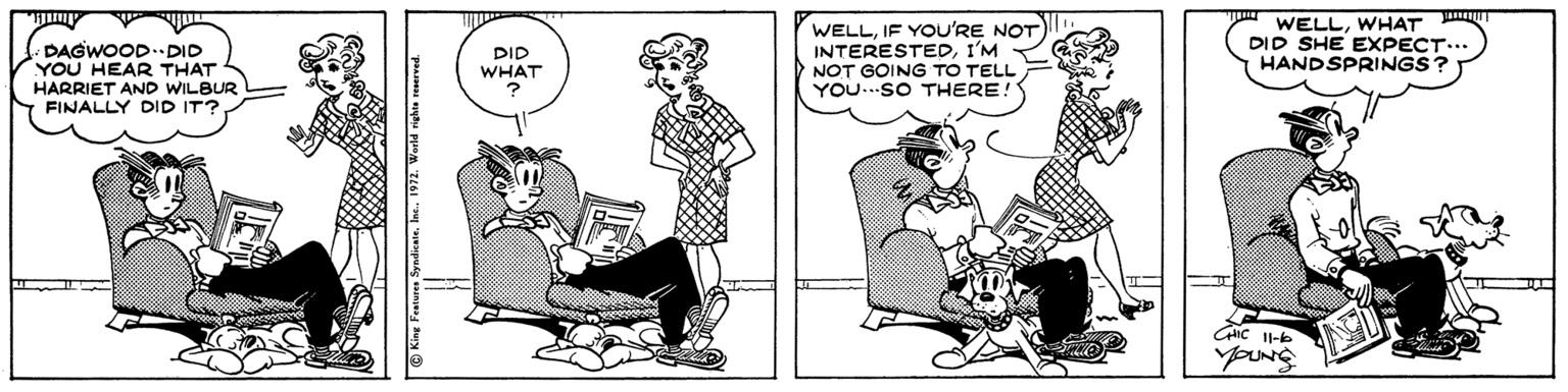 Rectangle OCR: DAGWOOD. DID YOU HEAR THAT HARRIET AND WILBUR FINALLY DID IT?. WELLIF YOU'RE NOT INTERESTEDI'M NOT GOING TO TELL YOU...SO THERE! WELLWHAT DID SHE EXPECT... HANDSPRINGS? DID WHAT CHIC I1-6 O King Features Syndicata1972. W DAGWOOD. DID YOU HEAR THAT HARRIET AND WILBUR FINALLY DID IT?. WELLIF YOU'RE NOT INTERESTEDI'M NOT GOING TO TELL YOU...SO THERE! WELLWHAT DID SHE EXPECT... HANDSPRINGS? DID WHAT CHIC I1-6 O King Features Syndicata1972. W
