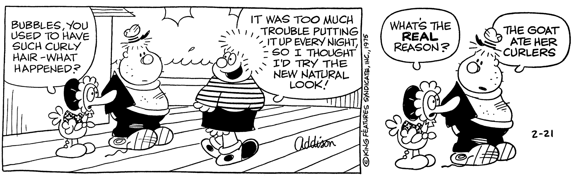 Plant OCR: IT WAS TOO MUCH !TROUBLE PUTTING IT UP EVERY NIGHTSO I THOUGHT I'D TRY THE NEW NATURAL LOOK! BUBBLESYOU USED TO HAVE SUCH CURLY HAIR -WHAT HAPPENED? WHATS THE REAL REASON? THE GOAT ATE HER CURLERS 2-21 Addison OKING FEATURES SYNDICATE1975 IT WAS TOO MUCH !TROUBLE PUTTING IT UP EVERY NIGHTSO I THOUGHT I'D TRY THE NEW NATURAL LOOK! BUBBLESYOU USED TO HAVE SUCH CURLY HAIR -WHAT HAPPENED? WHATS THE REAL REASON? THE GOAT ATE HER CURLERS 2-21 Addison OKING FEATURES SYNDICATE