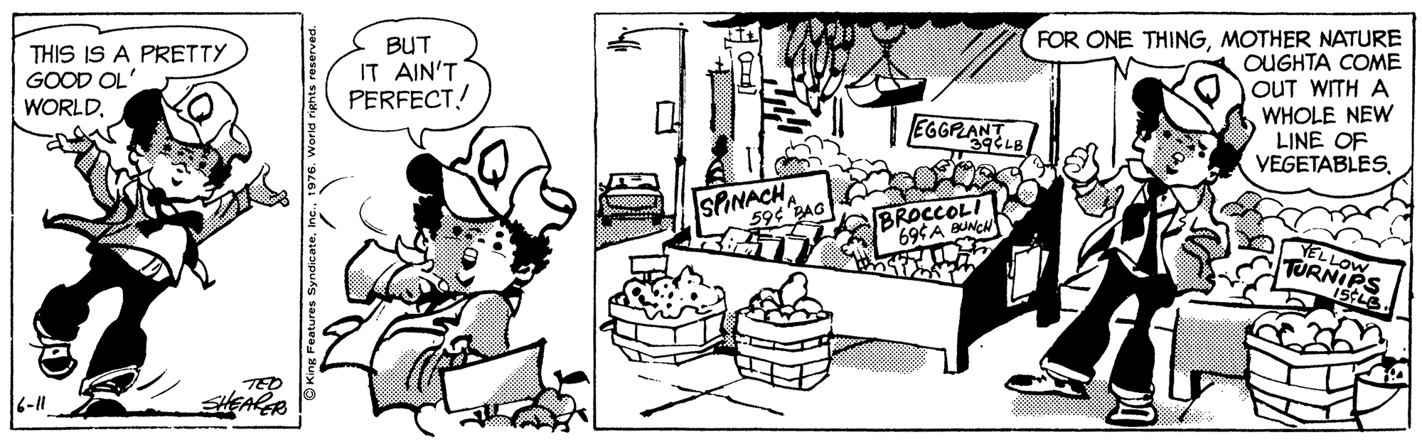 Line art OCR: THIS IS A PRETTY GOOD OL' WORLDBUT IT AIN'T PERFECT! FOR ONE THINGMOTHER NATURE OUGHTA COME OUT WITH A WHOLE NEW LINE OF VEGETABLESEGGRAN SPNACH 59¢BAG BROCCOLI 69¢A BUNCA YELLOW TURNIPS ISCLE 6-11 OKing Features Syndicateinc. 1976. Worid rights r THIS IS A PRETTY GOOD OL' WORLDBUT IT AIN'T PERFECT! FOR ONE THINGMOTHER NATURE OUGHTA COME OUT WITH A WHOLE NEW LINE OF VEGETABLESEGGRAN SPNACH 59¢BAG BROCCOLI 69¢A BUNCA YELLOW TURNIPS ISCLE 6-11 OKing Features Syndicateinc. 1976. Worid rights r
