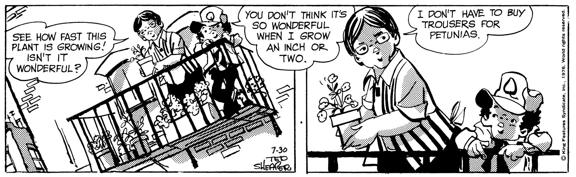 Line OCR: SEE HOW FAST THIS PLANT IS GROWING! ISN'T IT WONDERFUL? YOU DON'T THINK IT'S SO WONDERFUL WHEN I GROW AN INCH OR TWO. I DON'T HAVE TO BUY TROUSERS FOR PETUNIAS7-30 SHEAER SEE HOW FAST THIS PLANT IS GROWING! ISN'T IT WONDERFUL? YOU DON'T THINK IT'S SO WONDERFUL WHEN I GROW AN INCH OR TWO. I DON'T HAVE TO BUY TROUSERS FOR PETUNIAS7-30 SHEAER