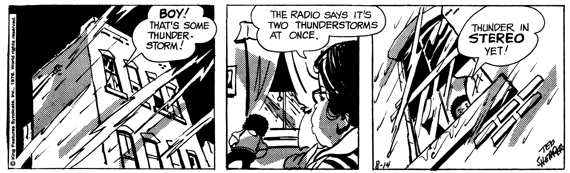 Comics OCR: BOY! THAT'S SOME THUNDER- STORM! THE RADIO SAYS IT'S TWO THUNDERSTORMS AT ONCETHUNDER IN STEREO YET! 8-14 TEP SHEARY King Festures Syndicate1976. World rights reserved BOY! THAT'S SOME THUNDER- STORM! THE RADIO SAYS IT'S TWO THUNDERSTORMS AT ONCETHUNDER IN STEREO YET! 8-14 TEP SHEARY King Festures Syndicate1976. World rights reserved