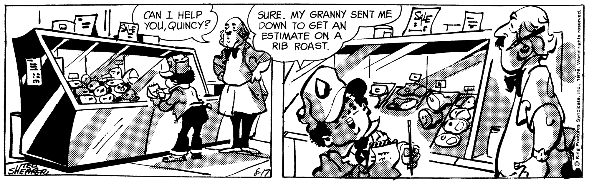 Style OCR: SUREMY GRANNY SENT ME DOWN TO GET AN ESTIMATE ON A RIB ROAST. CAN I HELP SALE DE YOuQUINCYS SHEMER 817 SUREMY GRANNY SENT ME DOWN TO GET AN ESTIMATE ON A RIB ROAST. CAN I HELP SALE DE YOuQUINCYS SHEMER 817