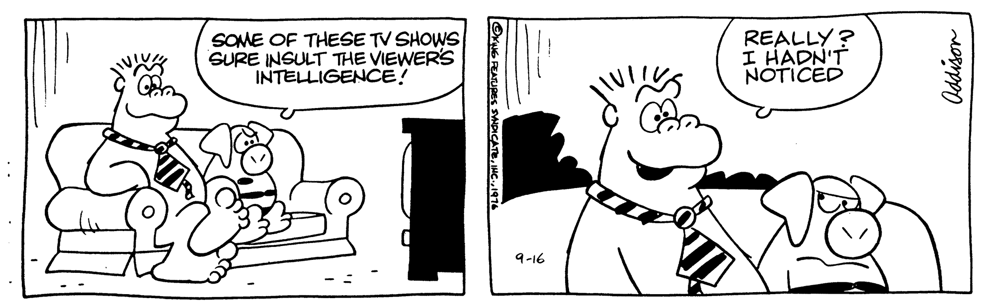 Font OCR: SOME OF THESE TV SHOWS SURE INSULT THE VIEWER'S INTELLIGENCE! REALLY ? I HADN'T NOTICED 9-16 YNG FEATURES s Addison SOME OF THESE TV SHOWS SURE INSULT THE VIEWER'S INTELLIGENCE! REALLY ? I HADN'T NOTICED 9-16 YNG FEATURES s Addison