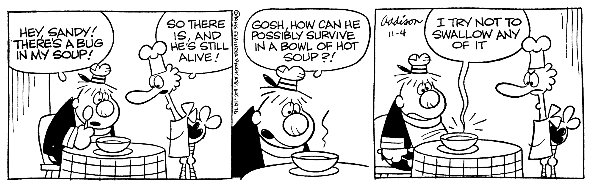 Mammal OCR: HEYSANDY! THERE'S A BUG IN MY SOUP! SO THERE ISAND HE'S STILL ALIVE! GOSHHOW CAN HE POSSIBLY SURVIVE IN A BOWL OF HOT SOUP ?! Oddison / ITRY NOT TO SWALLOW ANY OF IT 11-4 HEYSANDY! THERE'S A BUG IN MY SOUP! SO THERE ISAND HE'S STILL ALIVE! GOSHHOW CAN HE POSSIBLY SURVIVE IN A BOWL OF HOT SOUP ?! Oddison / ITRY NOT TO SWALLOW ANY OF IT 11-4