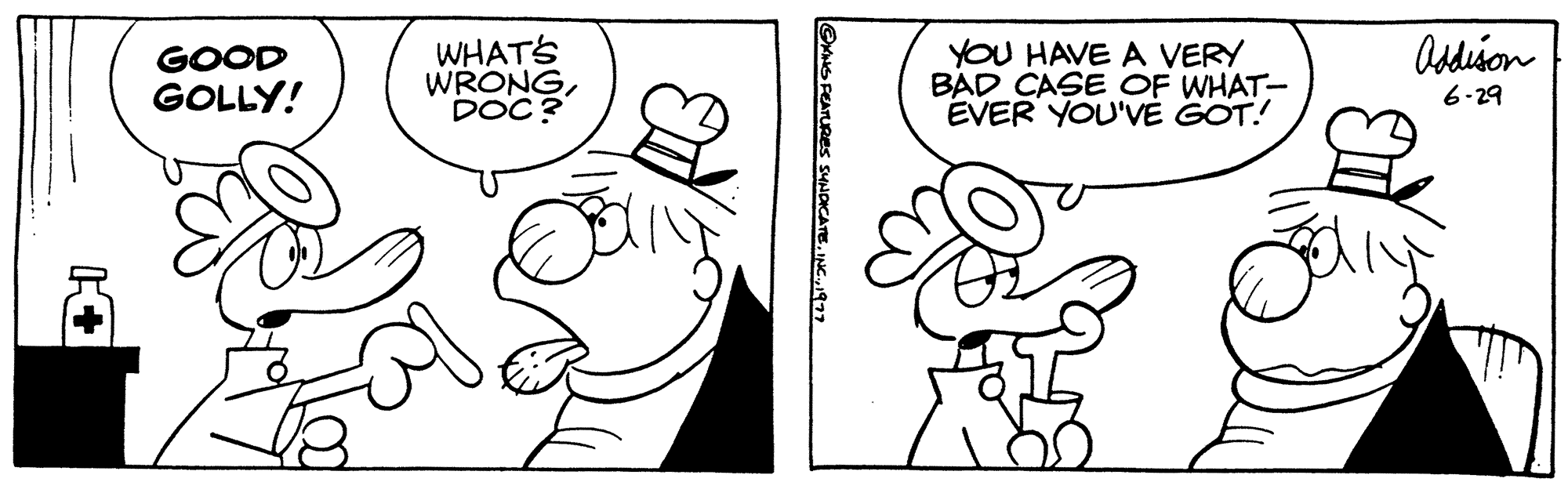 Organism OCR: I+ GOOD GOLLY! WHAT'S WRONGDOC? @KING FEATURES SYNDICATE1977 YOU HAVE A VERY BAD CASE OF WHAT- EVER YOU'VE GOT! Addison 6-29 I + GOOD GOLLY ! WHAT'S WRONGDOC ? @KING FEATURES SYNDICATEINC .1977 YOU HAVE A VERY BAD CASE OF WHAT EVER YOU'VE GOT ! Addison 6-29