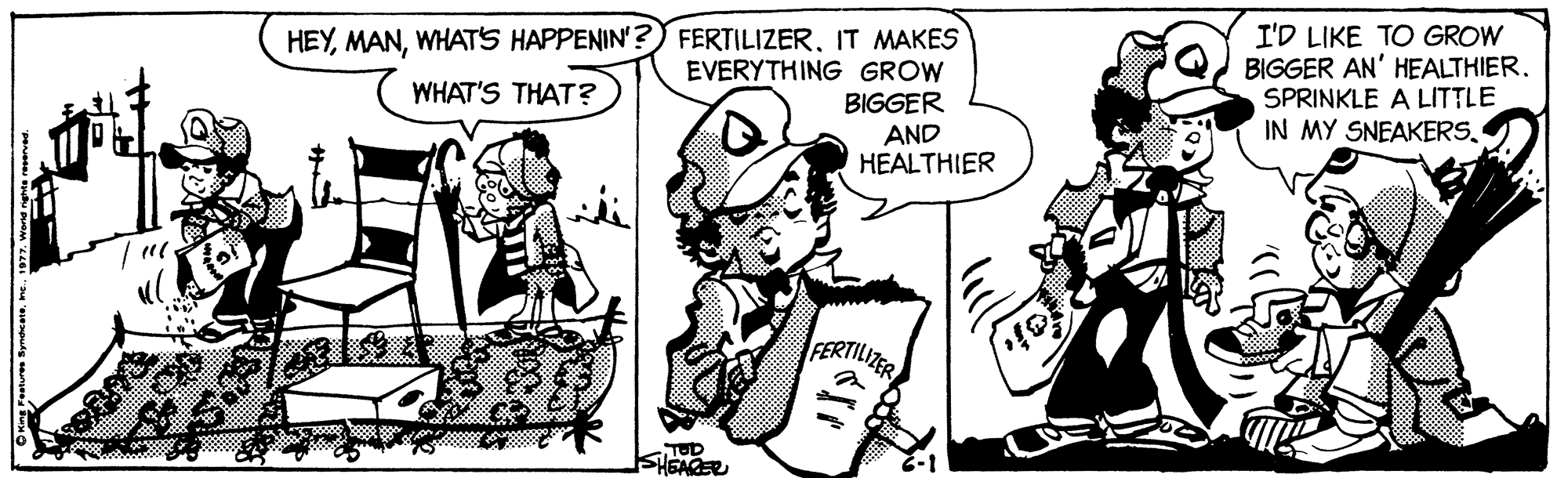 Style OCR: HEYIT MAKES EVERYTHING GROW BIGGER AND HEALTHIER I'D LIKE TO GROW BIGGER AN' HEALTHIER. SPRINKLE A LITTLE IN MY SNEAKERSWHAT'S THAT? TUD SHEAGER HEYWHATS HAPPENIN'? FERTILIZERIT MAKES EVERYTHING GROW BIGGER AND HEALTHIER I'D LIKE TO GROW BIGGER AN' HEALTHIER. SPRINKLE A LITTLE IN MY SNEAKERSWHAT'S THAT? TUD SHEAGER