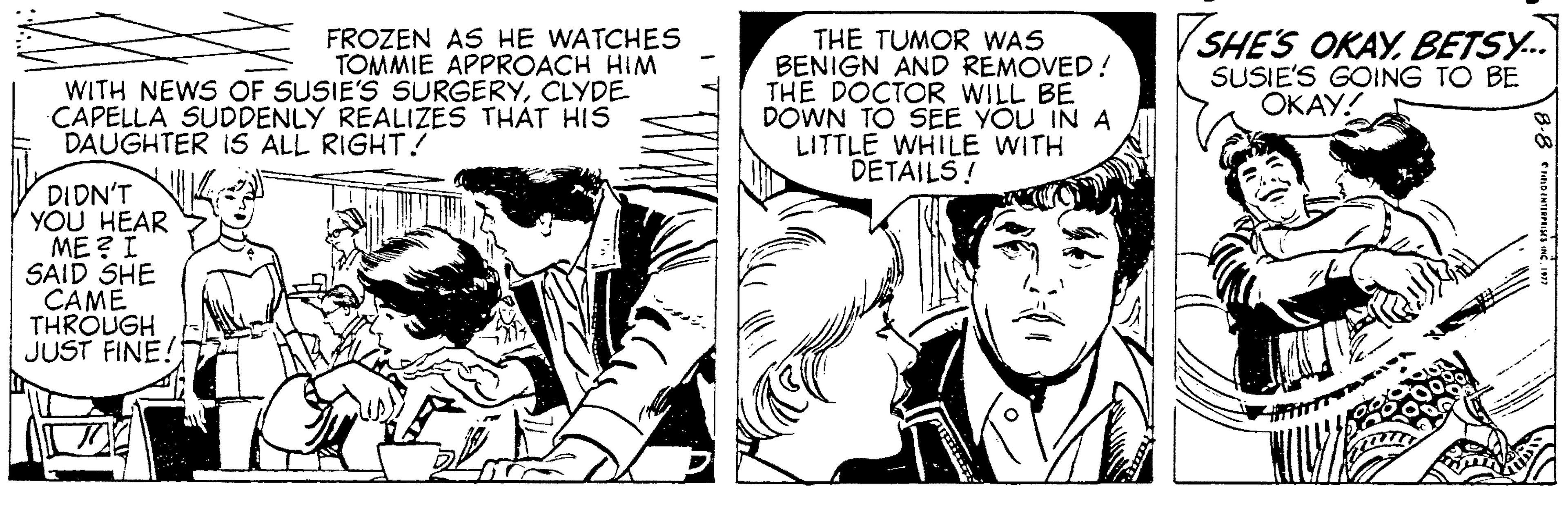 Style OCR: FROZEN AS HE WATCHES TOMMIE APPROACH HIM WITH NEWS OF SUSIE'S SURGERYCLYDE CAPELLA SUDDENLY REALIZES THAT HIS THE TUMOR WAS BENIGN AND REMOVED! THE DOCTOR WILL BE DOWN TO SEE YOU IN A LITTLE WHILE WITH DETAILS! SHE'S OKAY. BETSY.. SUSIE'S GOING TO BE OKAY! DAUGHTER IS ALL RIGHT! DIDN'T YOU HEAR ME? I SAID SHE CAME THRÖUGH JUST FINE! FROZEN AS HE WATCHES TOMMIE APPROACH HIM WITH NEWS OF SUSIE'S SURGERYCLYDE CAPELLA SUDDENLY REALIZES THAT HIS THE TUMOR WAS BENIGN AND REMOVED! THE DOCTOR WILL BE DOWN TO SEE YOU IN A LITTLE WHILE WITH DETAILS! SHE'S OKAY. BETSY.. SUSIE'S GOING TO BE OKAY! DAUGHTER IS ALL RIGHT! DIDN'T YOU HEAR ME? I SAID SHE CAME THRÖUGH JUST FINE!