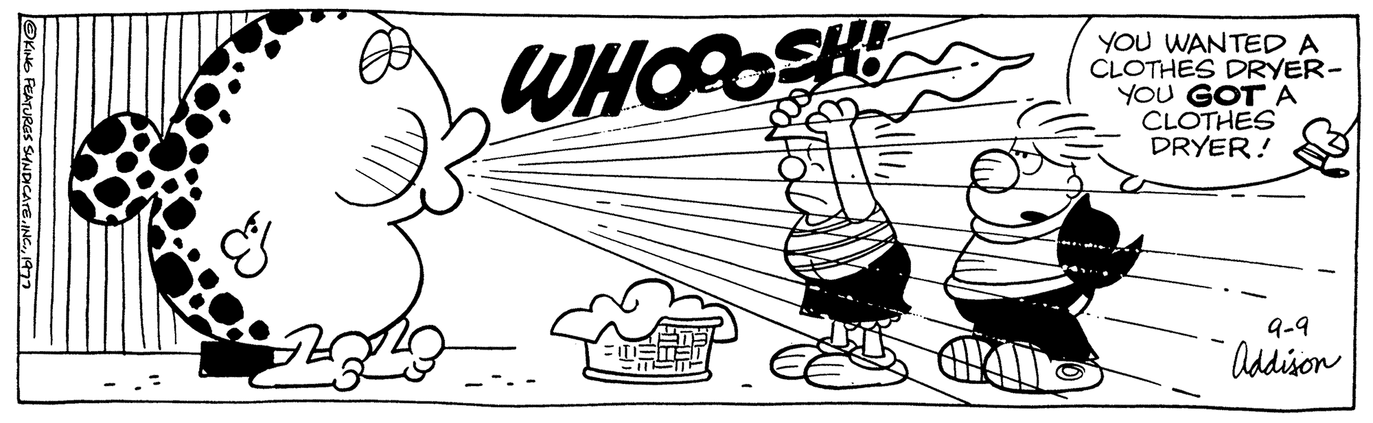 Happy OCR: OKING FEATURGS SYNDICATE1977 WHOOSH! T YOU WANTED A CLOTHES DRYER- YOU GOT A CLOTHES DRYER! 9-9 Addison OKING FEATURGS SYNDICATEINC .1977 WHOOSH ! T YOU WANTED A CLOTHES DRYER YOU GOT A CLOTHES DRYER ! 9-9 Addison