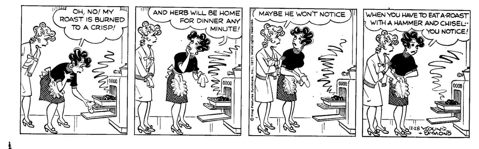 Conversation OCR: OHNO! MY ROAST IS BURNED TO A CRISP! AND HERB WILL BE HOME MAYBE HE WON'T NOTICE WHEN YOU HAVE TO EAT A ROAST WITH A HAMMER AND CHISEL: T YOU NOTICE! FOR DINNER ANY MINUTE! 0000 1228OUN OHNO! MY ROAST IS BURNED TO A CRISP! AND HERB WILL BE HOME MAYBE HE WON'T NOTICE WHEN YOU HAVE TO EAT A ROAST WITH A HAMMER AND CHISEL: T YOU NOTICE! FOR DINNER ANY MINUTE! 0000 1228OUN