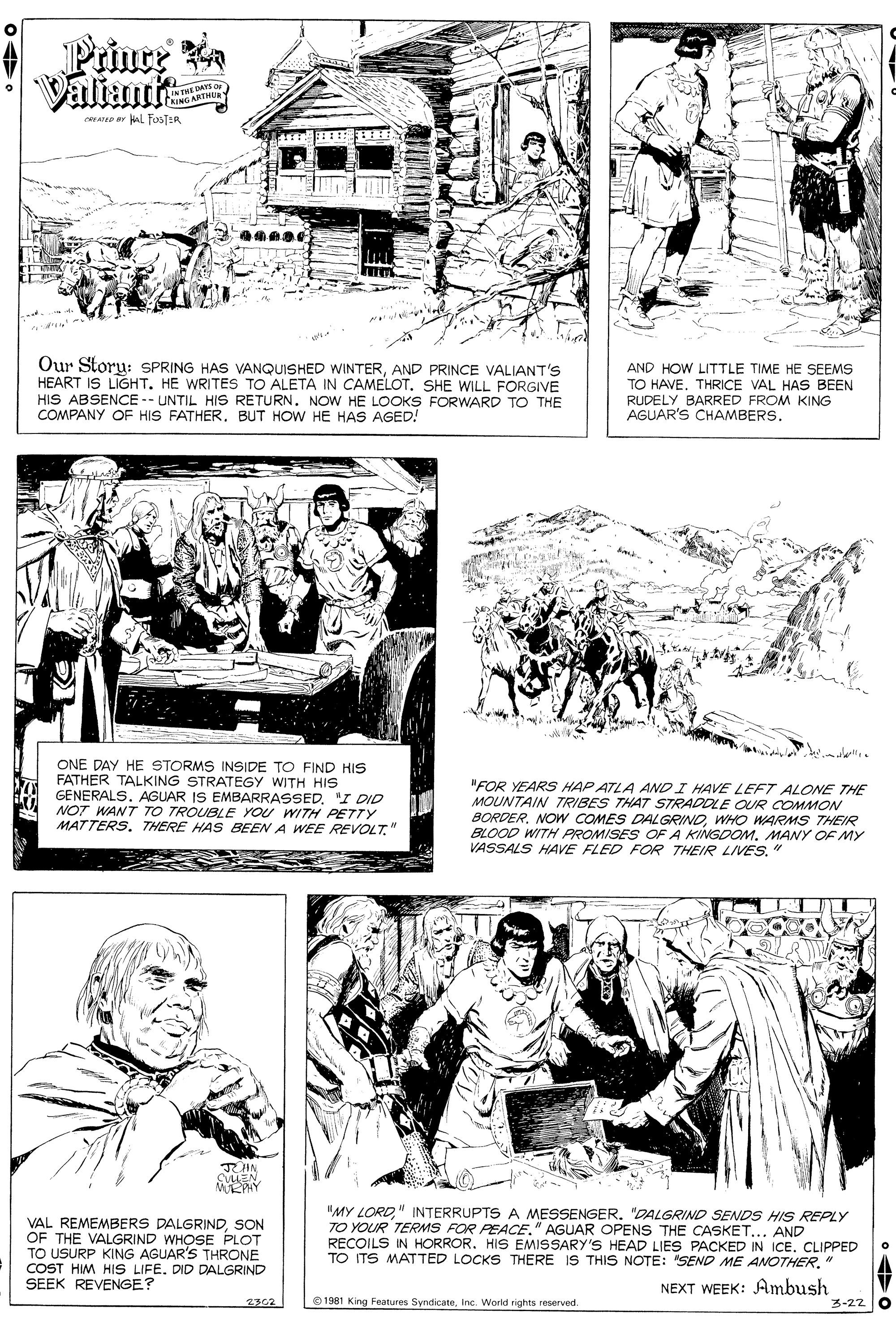 Mammal OCR: Priury Ka Valiants IN THE DAYS O INGARTHUR A Hal FosTER ? Our Storu: SPRING HAS VANQUISHED WINTERAND PRINCE VALIANT'S HEART IS LIGHTHE WRITES TO ALETA IN CAMELOT. SHE WILL FORGIVE HIS ABSENCE -- UNTIL HIS RETURN. NOW HE LOOKS FOORWARD TO THE COMPANY OF HIS FATHERBUT HOW HE HAS AGED! AND HOW LITTLE TIME HE SEEMS TO HAVE. THRICE VAL HAS BEEN RUDELY BARRED FROM KING AGUAR'S CHAMBERS. ONE DAY HE STORMS INSIDE TO FIND HIS FATHER TALKING STRATEGY WITH HIS GENERALS"I DID NOT WANT TO TROUBLE YOU WITH PETTY MATTERS. THERE HAS BEEN A WEE RPEVOLT" "FOR YEARS HAP ATLA ANDI HAVE LEFT ALONE THE MOUNTAIN TRIBES THAT STRADDLE OUR COMMON BORDERWHO WARMS THEIR BLOOD WITH PROMISES OF A KINGDOM. MANY OF MY VASSALS HAVE FLED FOR THEIR LIVES" VAL REMEMBERS DALGRINDSON OF THE VALGRIND WHOSE PLOT TO USURP KING AGUAR'S THRONE COST HIM HIS LIFE. DID DALGRIND SEEK REVENGE? "MY LORD"DALGRIND SENDS HIS REPLY TO YOUR TERMS FOR PEACCE.. AND RECOILS IN HORROR. HIS EMISSARY'S HEAD LIES PACKED IN ICECLIPPED TO ITS MATTED LOCKS THERE IS THIS NOTE: "SEND ME ANOTHER" NEXT WEEK: Ambush 2302 © 1981 King Features Syndicateinc. World rights reserved. 3-22 O Priury Ka Valiants IN THE DAYS O INGARTHUR A Hal FosTER ? Our Storu: SPRING HAS VANQUISHED WINTERAND PRINCE VALIANT'S HEART IS LIGHTHE WRITES TO ALETA IN CAMELOT. SHE WILL FORGIVE HIS ABSENCE -- UNTIL HIS RETURN. NOW HE LOOKS FOORWARD TO THE COMPANY OF HIS FATHERBUT HOW HE HAS AGED! AND HOW LITTLE TIME HE SEEMS TO HAVE. THRICE VAL HAS BEEN RUDELY BARRED FROM KING AGUAR'S CHAMBERS. ONE DAY HE STORMS INSIDE TO FIND HIS FATHER TALKING STRATEGY WITH HIS GENERALSAGUAR IS EMBARRASSED"I DID NOT WANT TO TROUBLE YOU WITH PETTY MATTERS. THERE HAS BEEN A WEE RPEVOLT" "FOR YEARS HAP ATLA ANDI HAVE LEFT ALONE THE MOUNTAIN TRIBES THAT STRADDLE OUR COMMON BORDERNOw COMES DALGRINDWHO WARMS THEIR BLOOD WITH PROMISES OF A KINGDOM. MANY OF MY VASSALS HAVE FLED FOR THEIR LIVES" VAL REMEMBERS DALGRINDSON OF THE VALGRIND WHOSE PLOT TO USURP KING AGUAR'S THRONE COST HIM HIS LIFE. DID DALGRIND SEEK REVENGE? "MY LORD" INTERRUPTS A MESSENGER"DALGRIND SENDS HIS REPLY TO YOUR TERMS FOR PEACCE" AGUAR OPENS THE CASKET.. AND RECOILS IN HORROR. HIS EMISSARY'S HEAD LIES PACKED IN ICECLIPPED TO ITS MATTED LOCKS THERE IS THIS NOTE: "SEND ME ANOTHER" NEXT WEEK: Ambush 2302 © 1981 King Features Syndicateinc. World rights reserved. 3-22 O